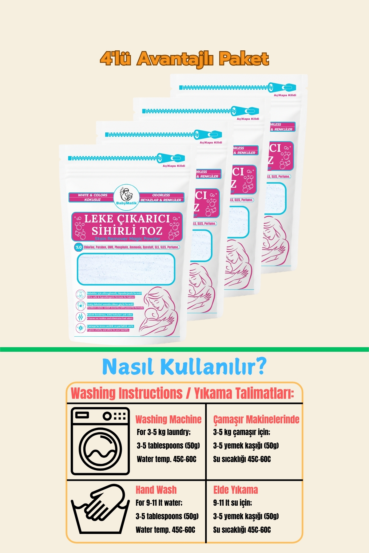 BabyMatik Çamaşır Bebek Leke Çıkarıcı Kokusuz Toz Deterjan, Kalıntı Bırakmaz, Zararlı Kimyasallar İçermez,4'lü fotoğrafı 4 (önizleme)