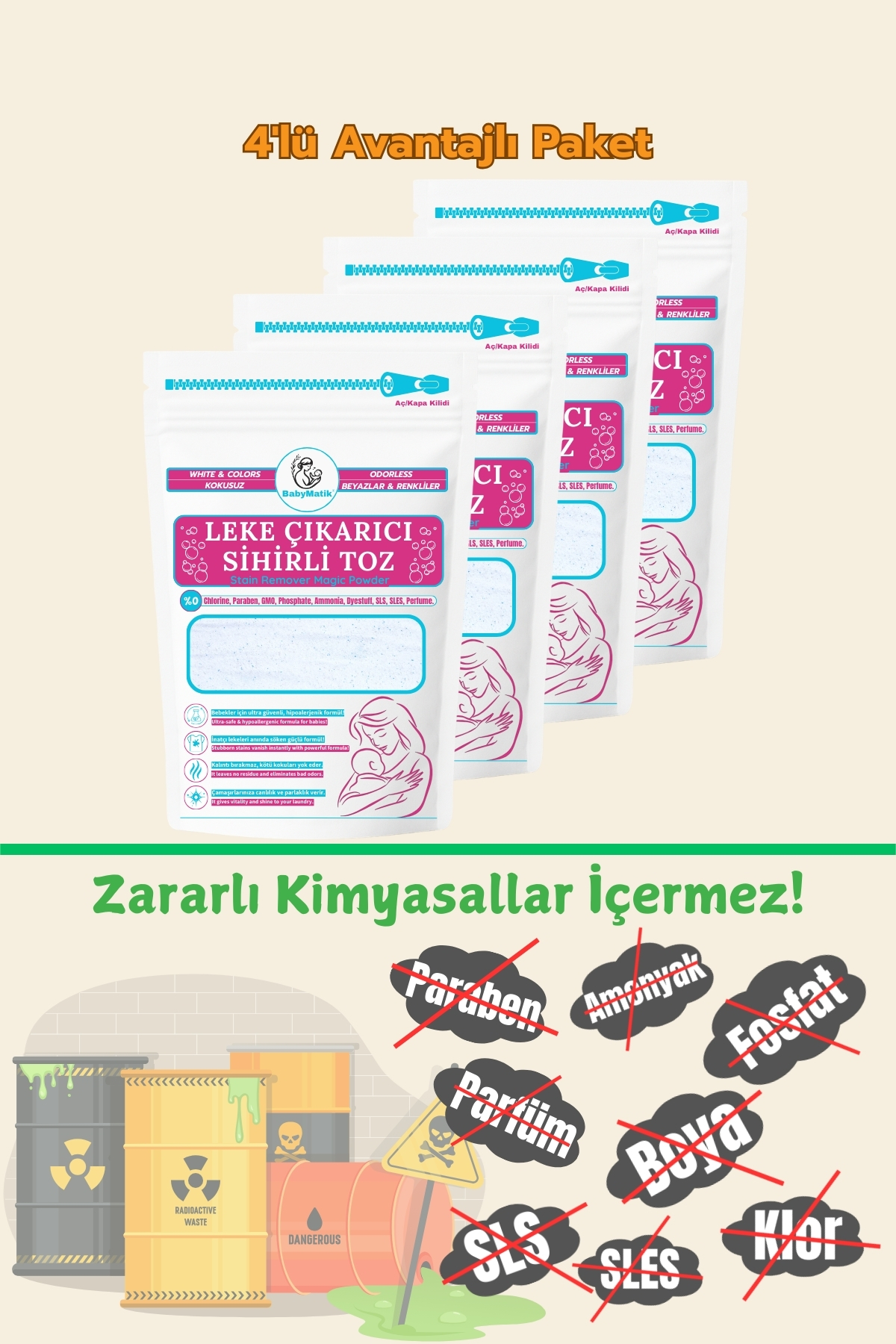 BabyMatik Çamaşır Bebek Leke Çıkarıcı Kokusuz Toz Deterjan, Kalıntı Bırakmaz, Zararlı Kimyasallar İçermez,4'lü fotoğrafı 2 (önizleme)