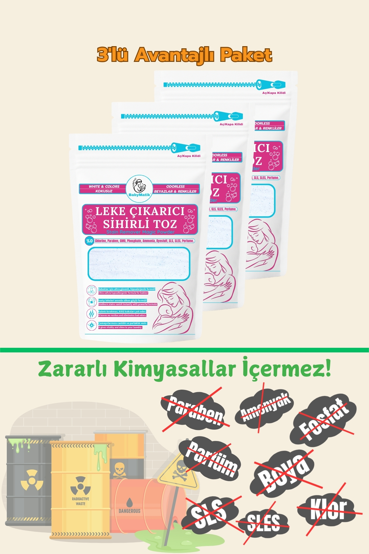 BabyMatik Çamaşır Bebek Leke Çıkarıcı Kokusuz Toz Deterjan, Kalıntı Bırakmaz, Zararlı Kimyasallar İçermez,3'lü fotoğrafı 2 (önizleme)