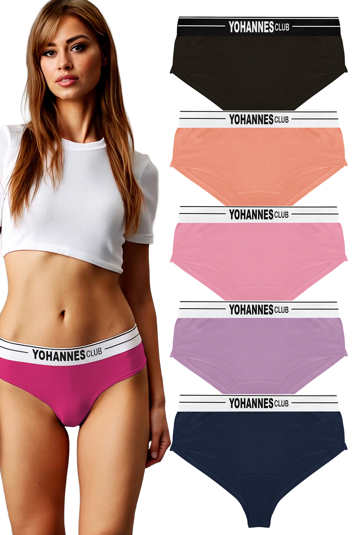 Yohannes Club Kadın, Lastik Kemerli Pamuklu Hipster Külot, Çok Renkli 5'li Paket, Gün boyu konfor