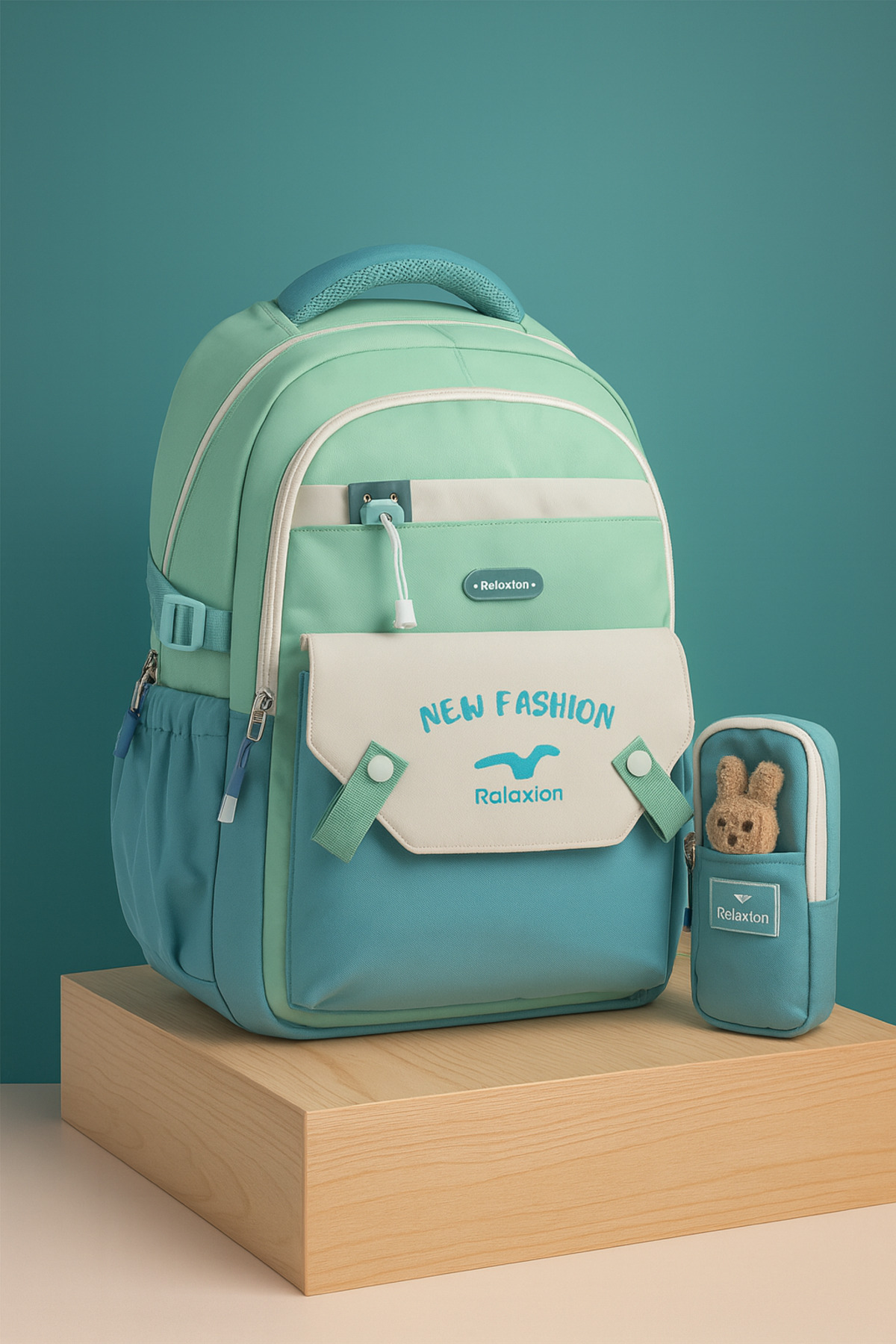 Kids Green Korean Style Imported Waterproof School Backpack & Pencil Case Set