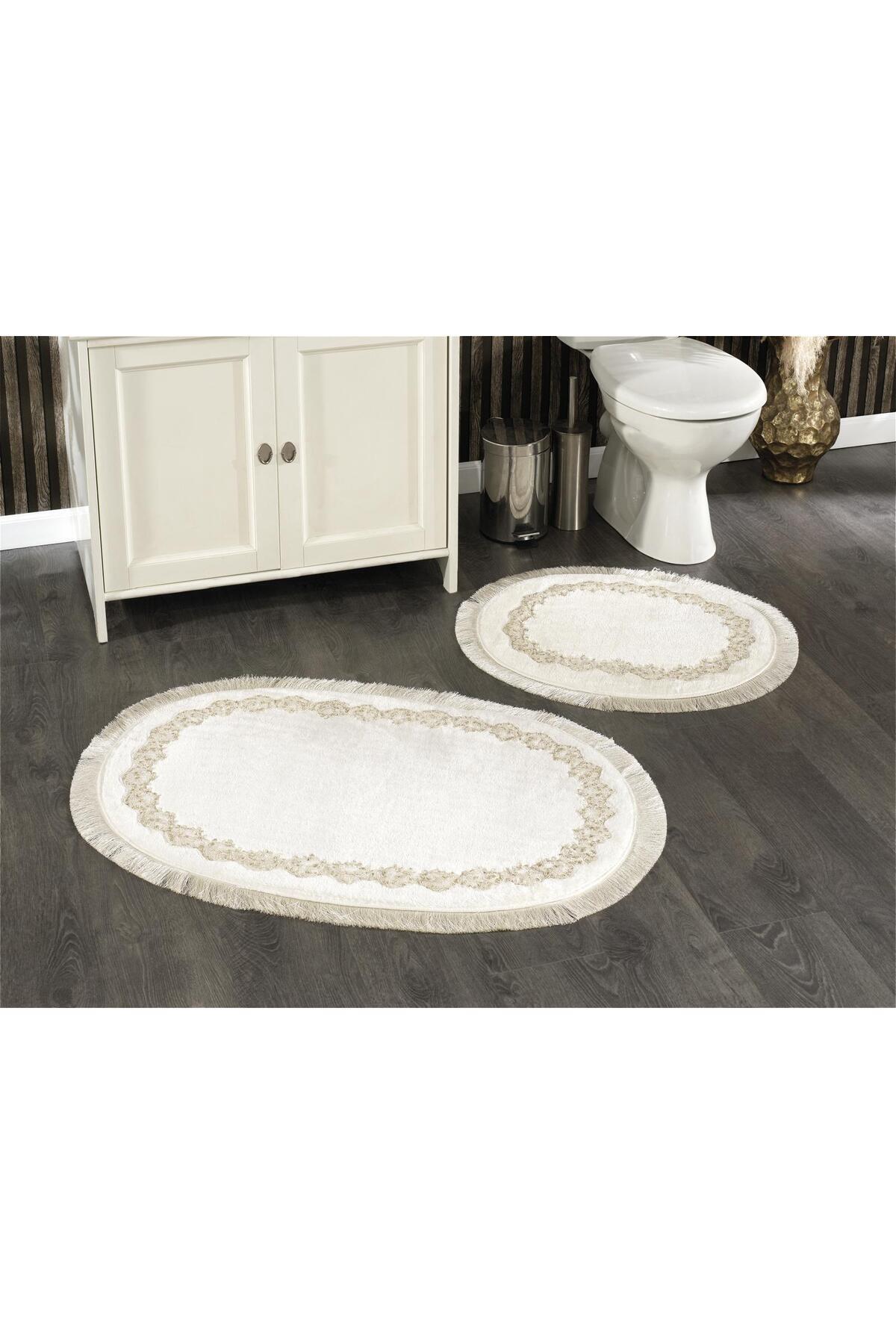 Mavi Kelebek Home-Dowry 2-Piece Toilet Set – Non-Slip Base, Shiny Fringe, Plush Soft – 4 Color Options 1