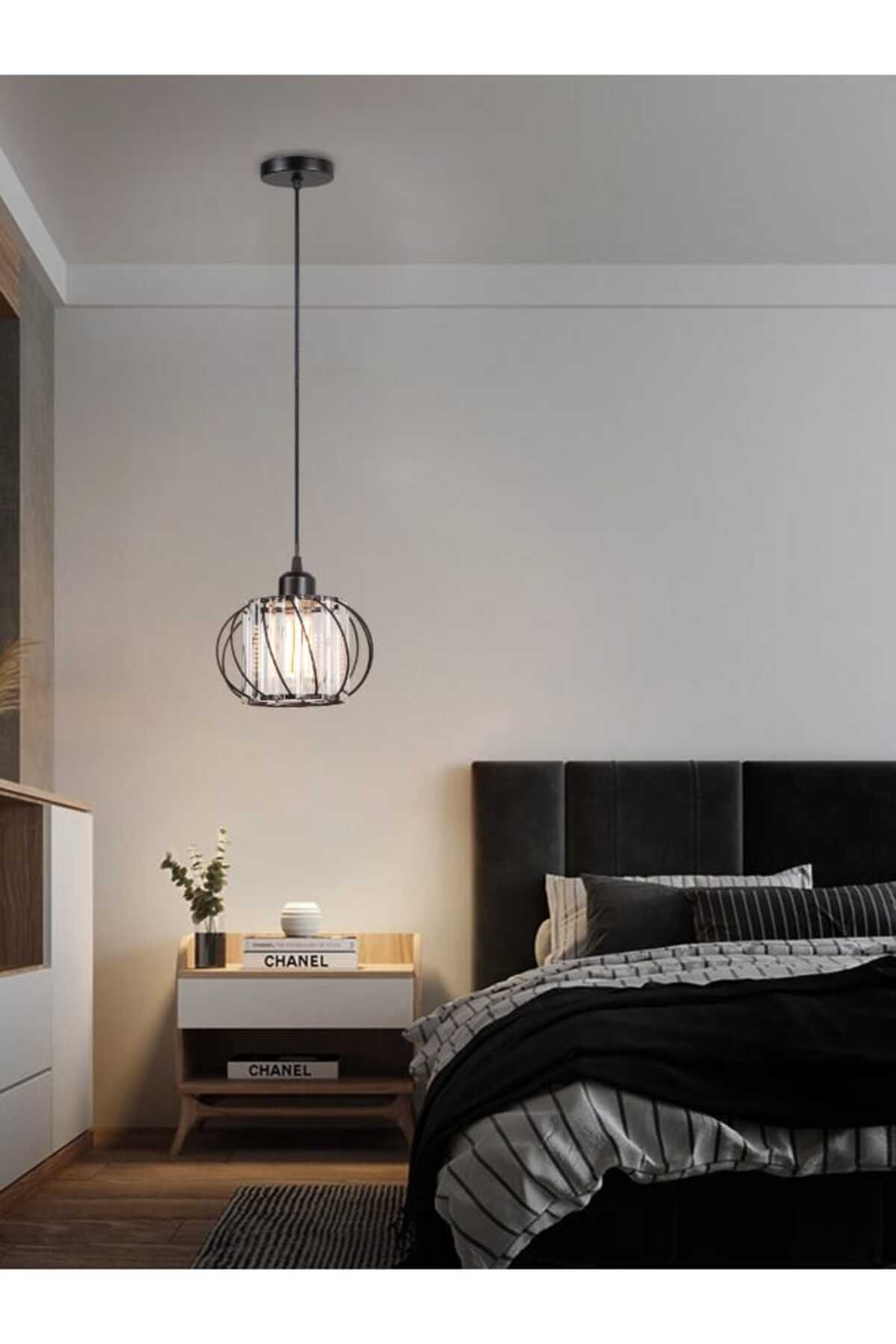 مصباح معلق قفصي زجاجي أسود عصري E27 لغرفة المعيشة