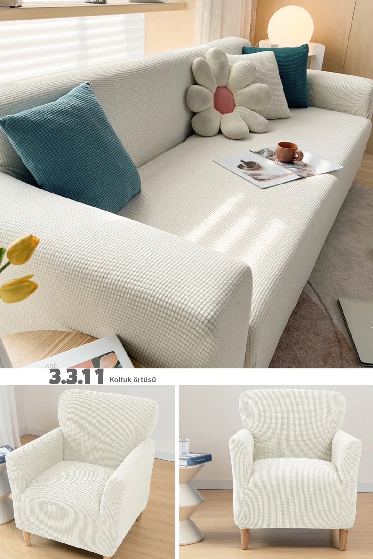 uzhanem-3+3+1+1 طقم غطاء أريكة جاكار مرن قابل للغسل ومطاط مطاطي - غطاء أريكة بنمط مربع 1