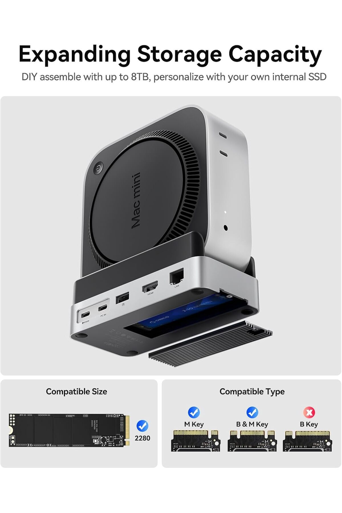 Orico-توافق MiniDock مع Mac Mini M4، موزع USB-C من الألومنيوم 10 في 1 مع حاوية SSD M.2، 10 7