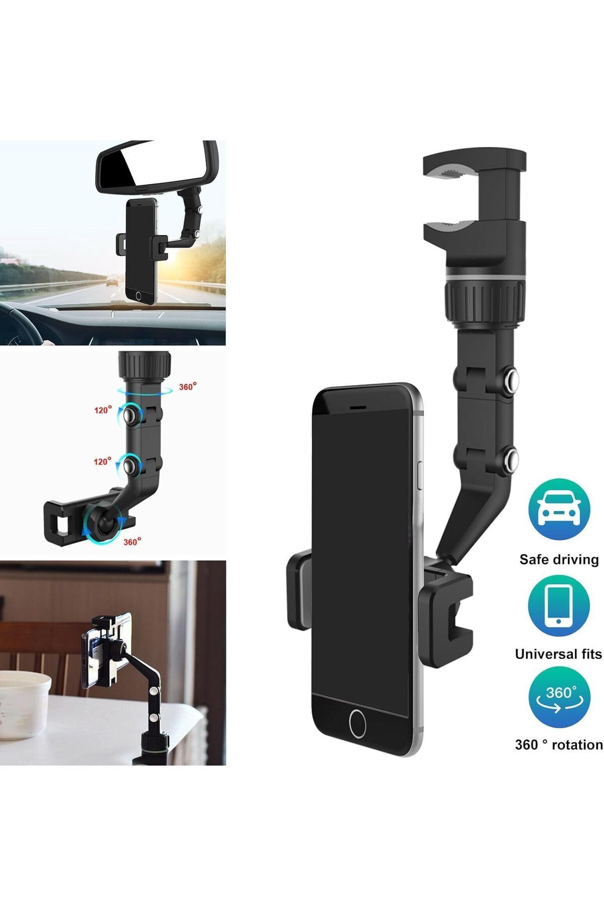 erorex-Universal Car Phone Mount, Rear View Mirror Holder, Adjustable Arm, 360 Rotation, Compatible 2