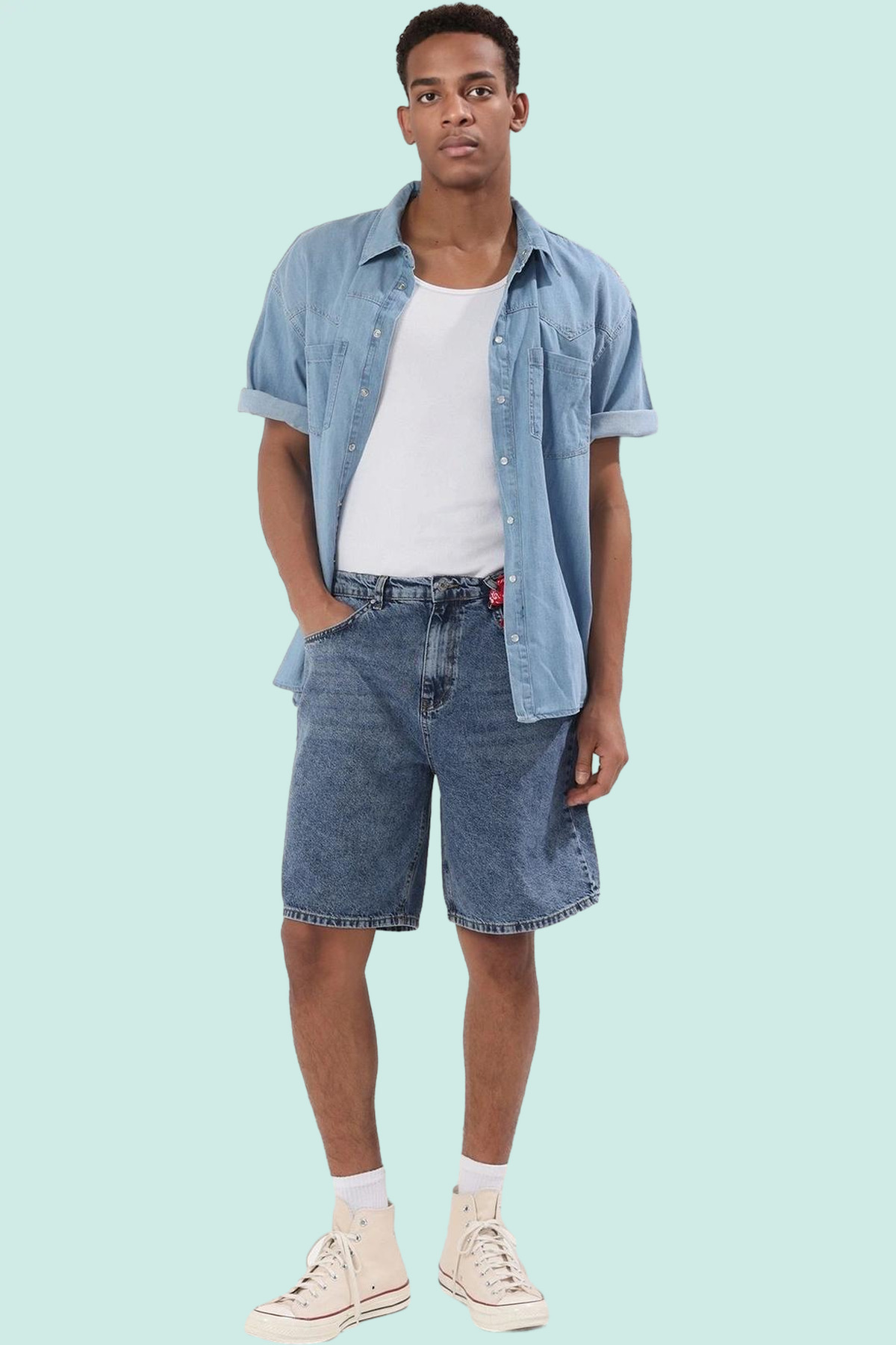 Erkek Moda Baggy Fit Denim Şort Pamuk Günlük Kombinler İçin Hafta Sonu Yazlık Şort
