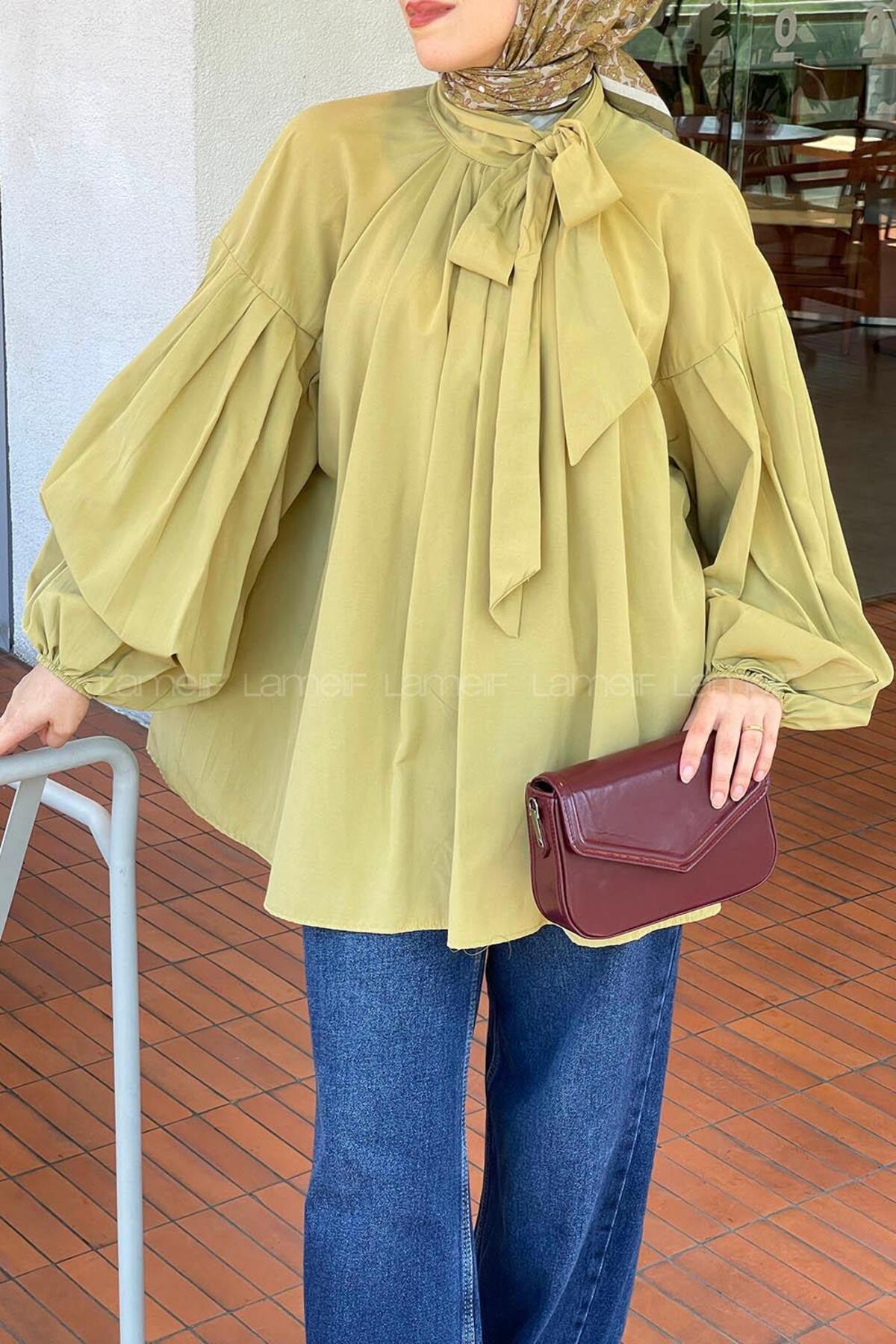 lamelif Yaka Fular Detaylı Gömlek Yağ Yeşili görsel 3