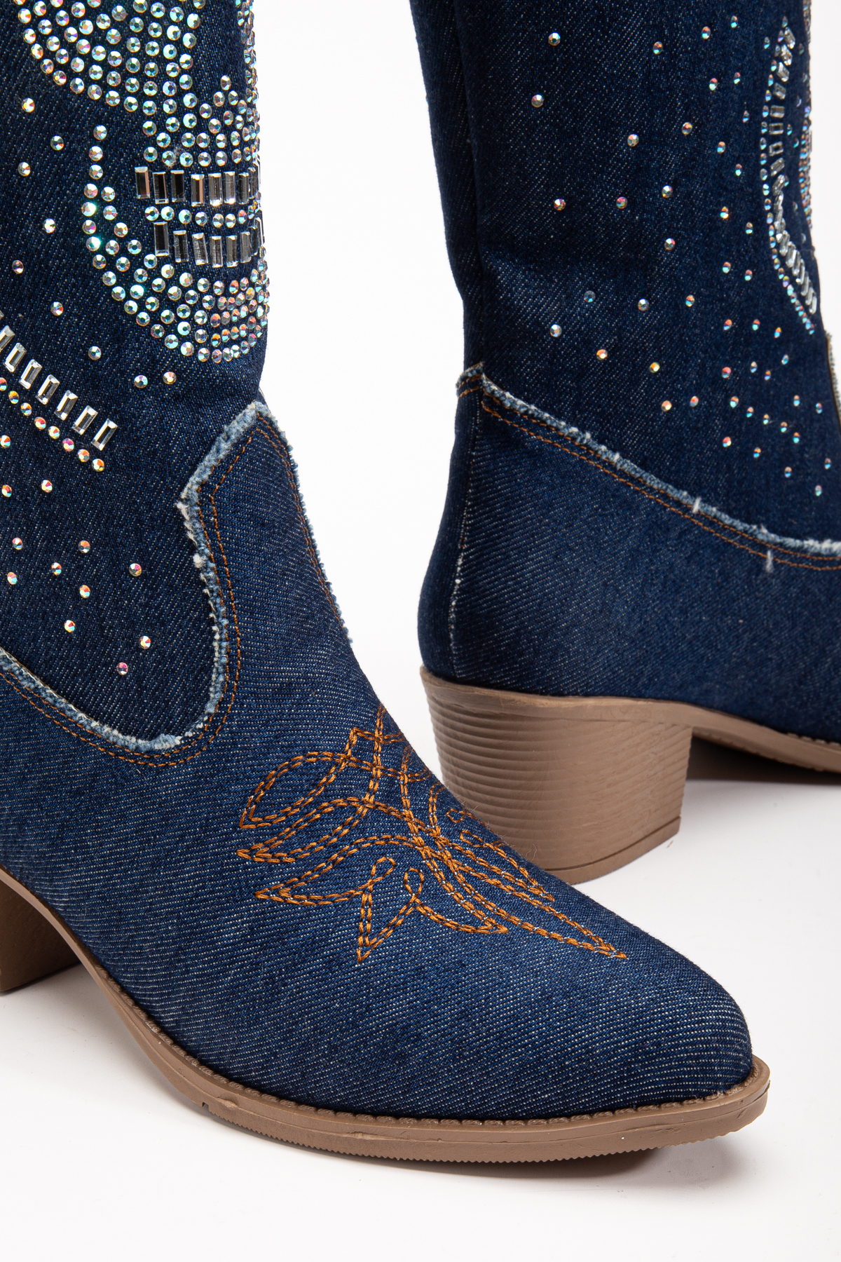 MS SUGAR SHOES  Kadın Denim Kovboy Çizme Taş İşlemeli Kurukafa Desenli Fırfırlı Kot Çizme - Görsel 6