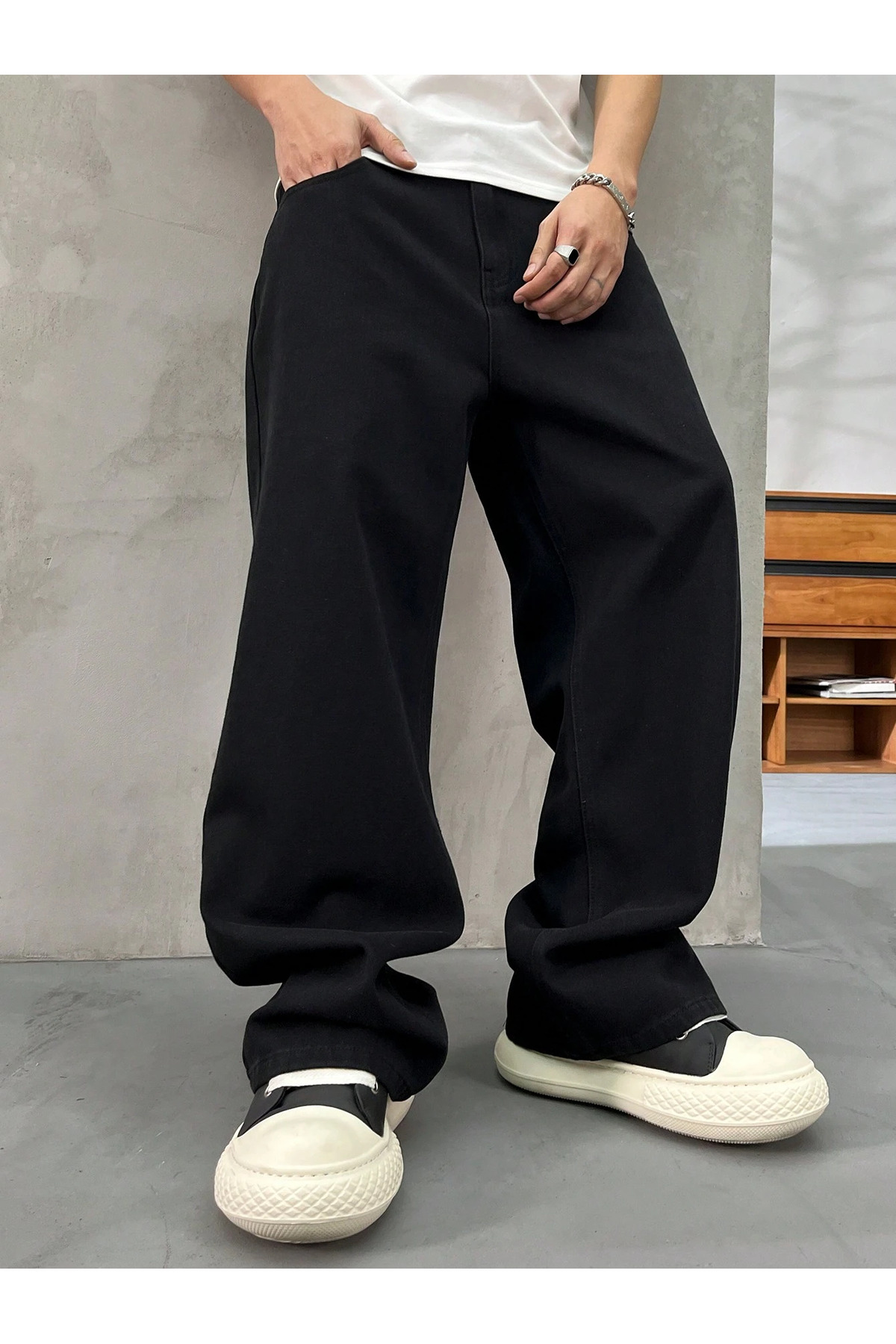 Erkek Baggy Kot Pantolon – Bol Paça Likralı Pamuklu Günlük Jean