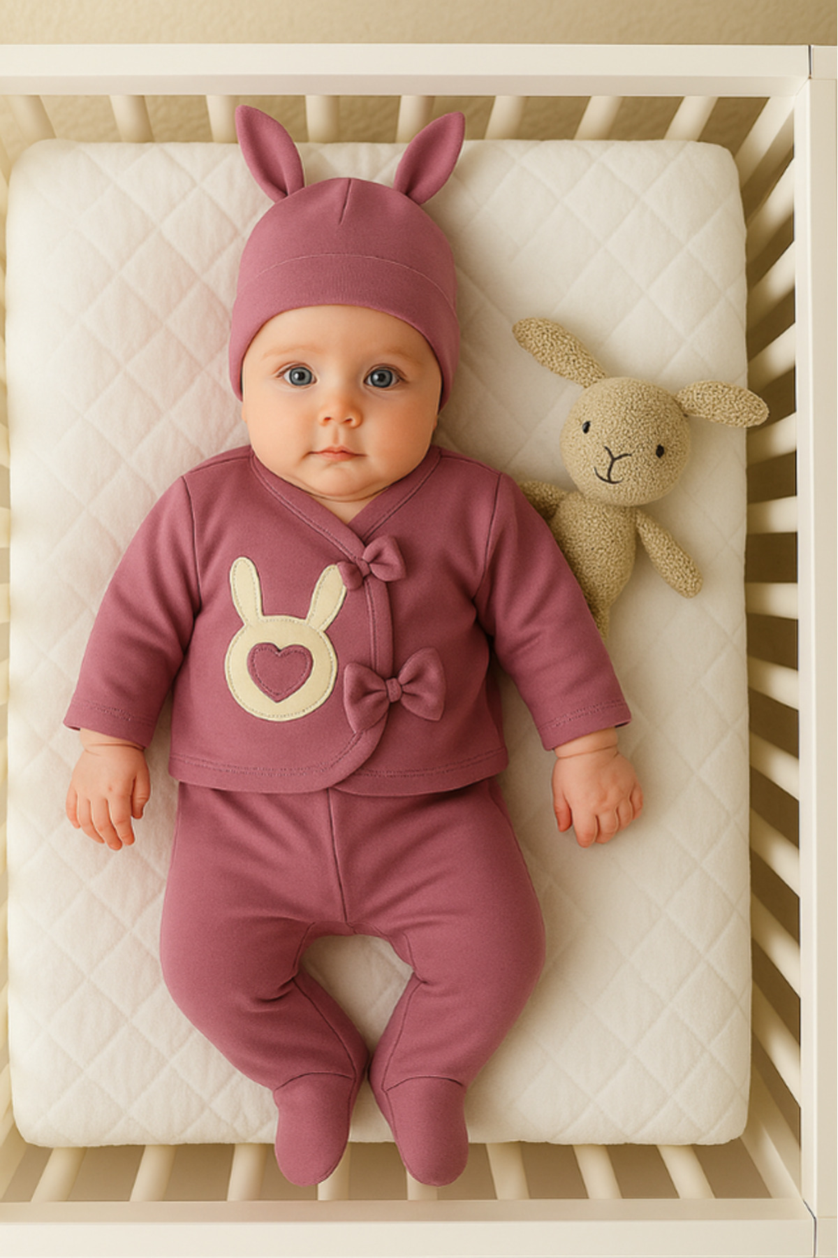 Bamoola for Babies Organik Kız Bebek Tavşan Desenli 5'li Tulum Hastane Çıkışı Yenidoğan Kıyafet Mama Önlüğü fotoğrafı 7 (önizleme)