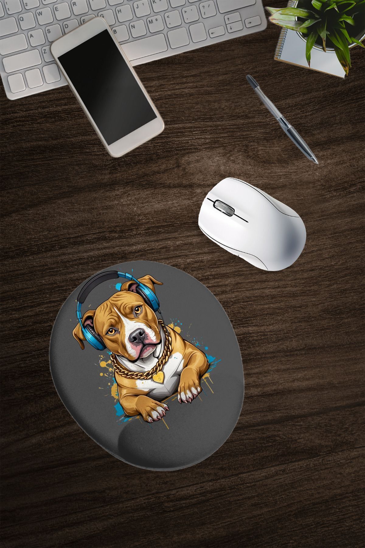 Dormot-طباعة رقمية حديثة - Pitbull مع سماعات أرضية رمادية - لوحة ماوس بيضاوية لدعم المعصم 3