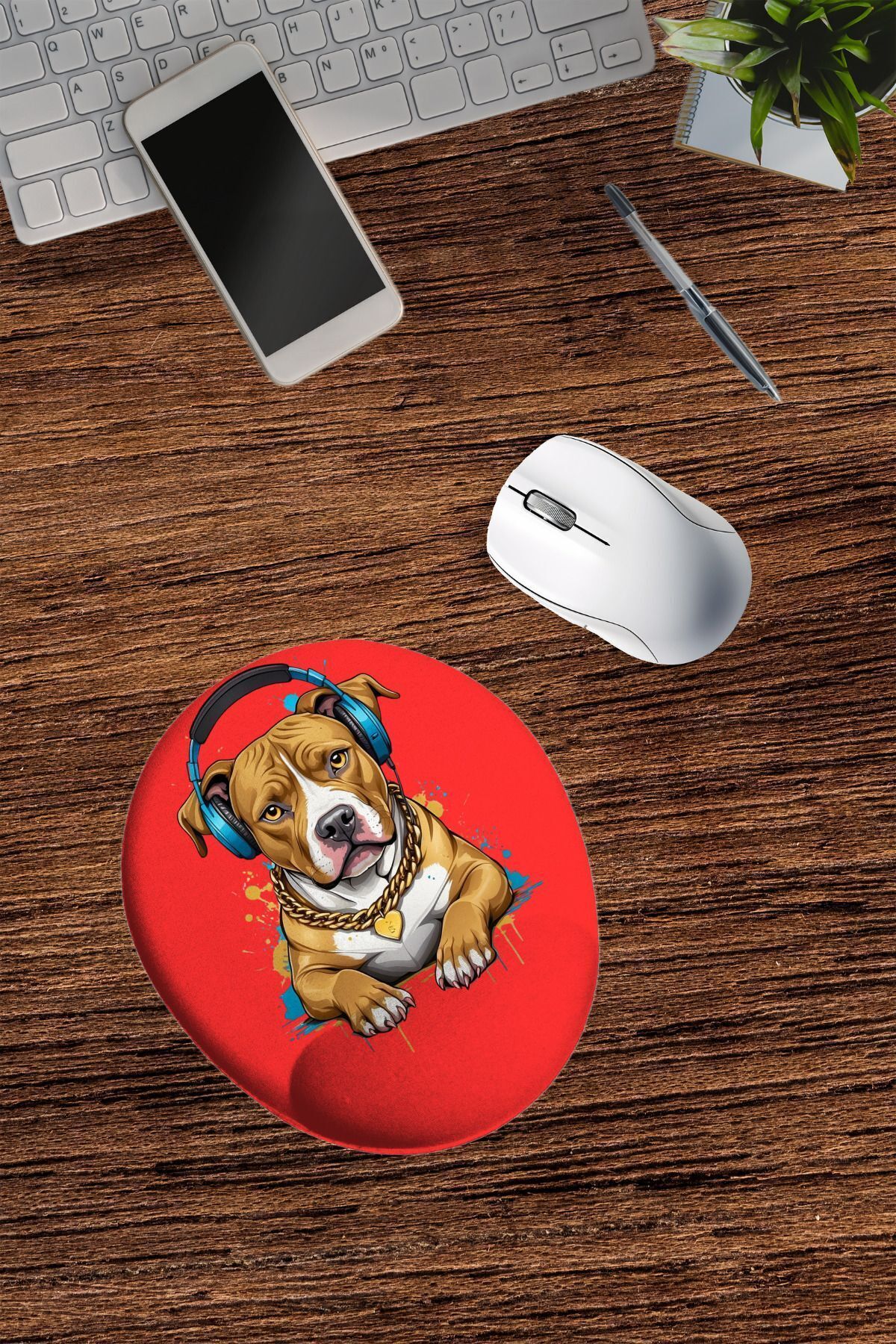 Dormot-Modern Digital Print - Pitbull with Red Background Headphones - Mousepad with Oval Wrist Rest 4