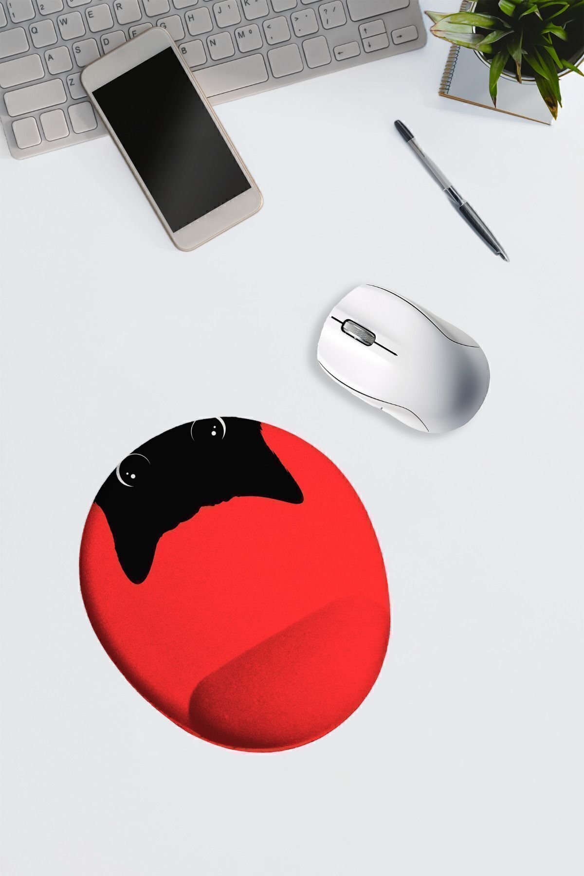 Dormot-Modern Digital Printing - Red Floor Inverted Black Cat - Mouse Pad with Oval Wrist Rest 1