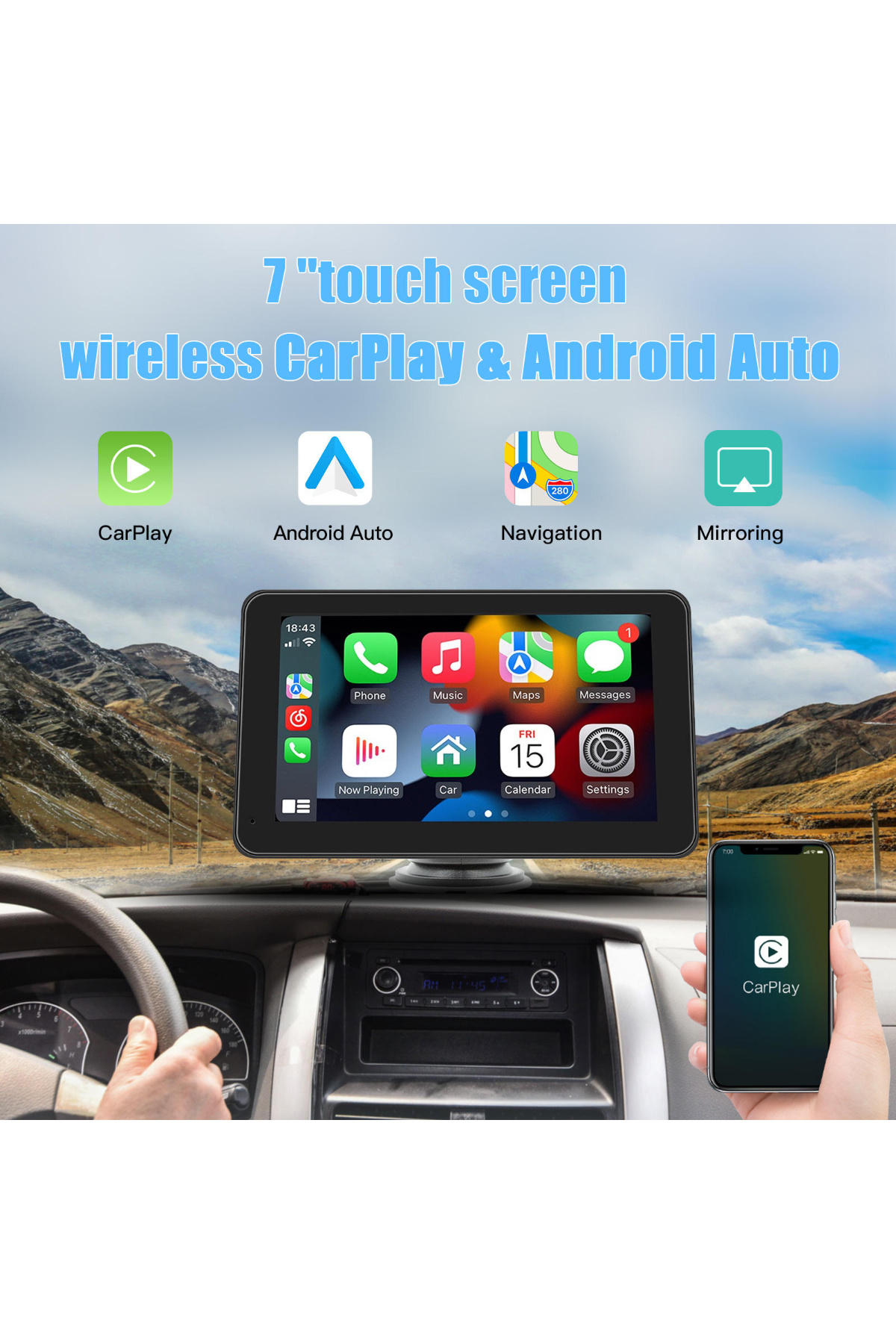 Tradeo-شاشة سيارة 7 بوصة مع CarPlay لاسلكي وAndroid Auto، ونظام ملاحة، وانعكاس الشاشة، وشاشة تعمل باللمس 5