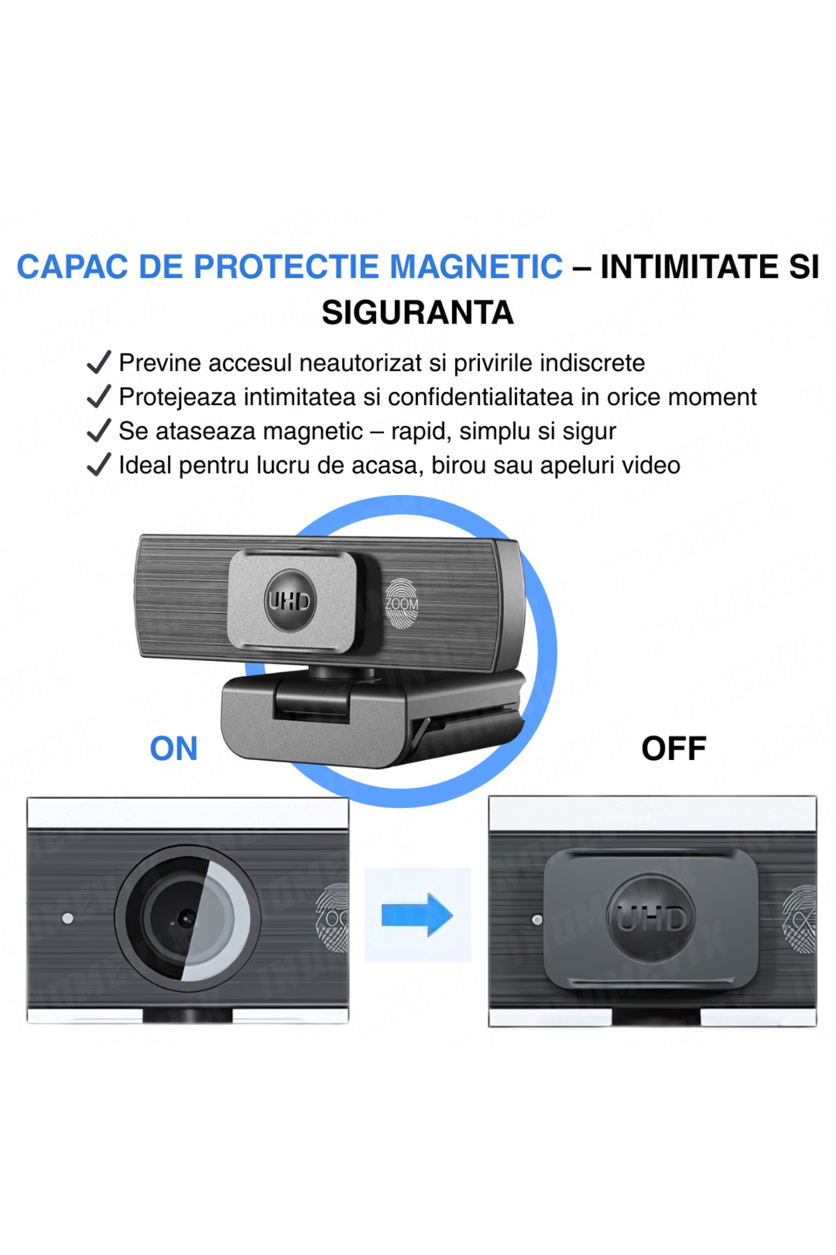 INOMEVIX-Camera web 4K UHD, Autofocus, Zoom 8X, Microfon dual, USB-C, Plug & Play 8