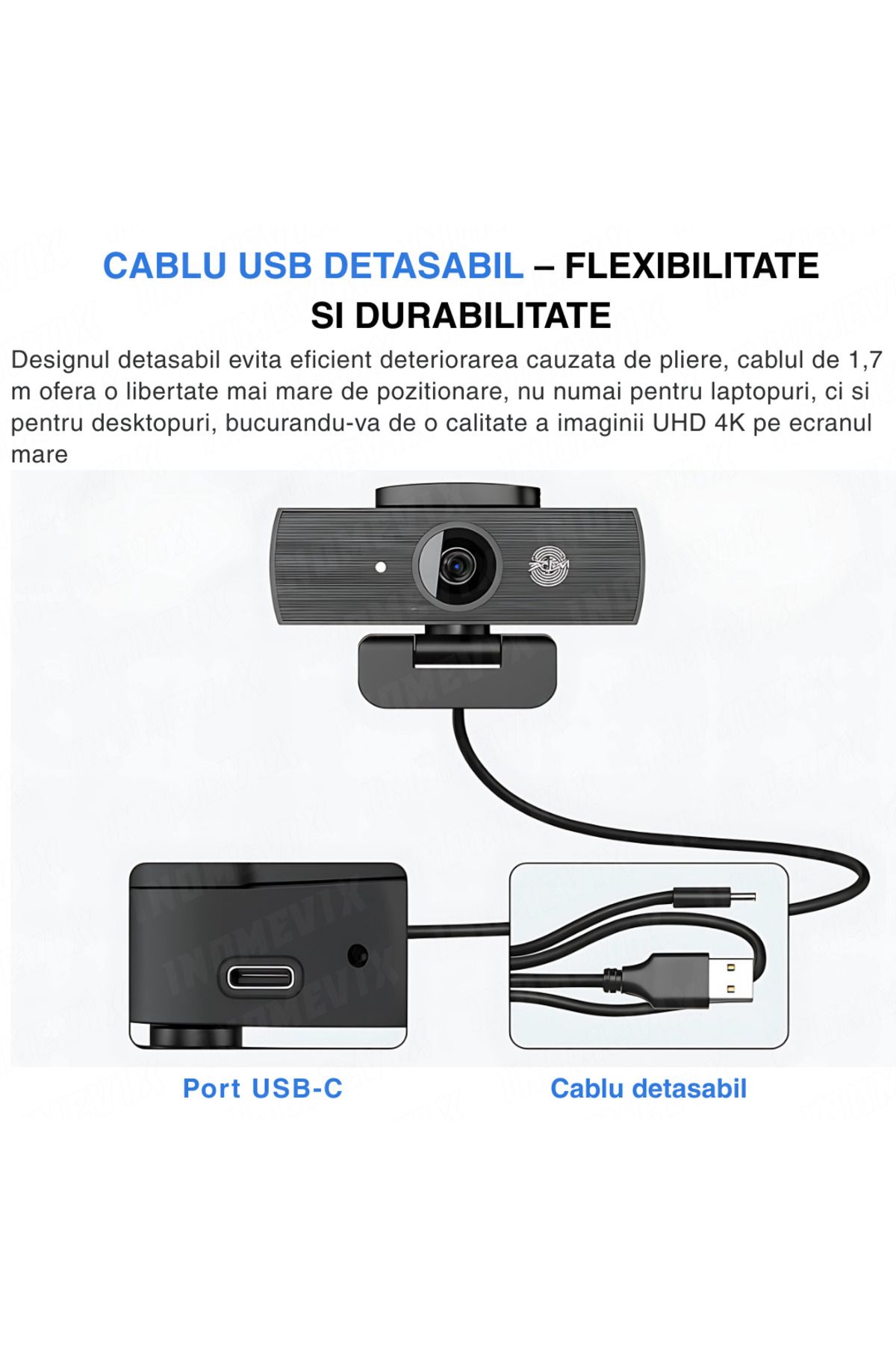 INOMEVIX-Camera web 4K UHD, Autofocus, Zoom 8X, Microfon dual, USB-C, Plug & Play 9