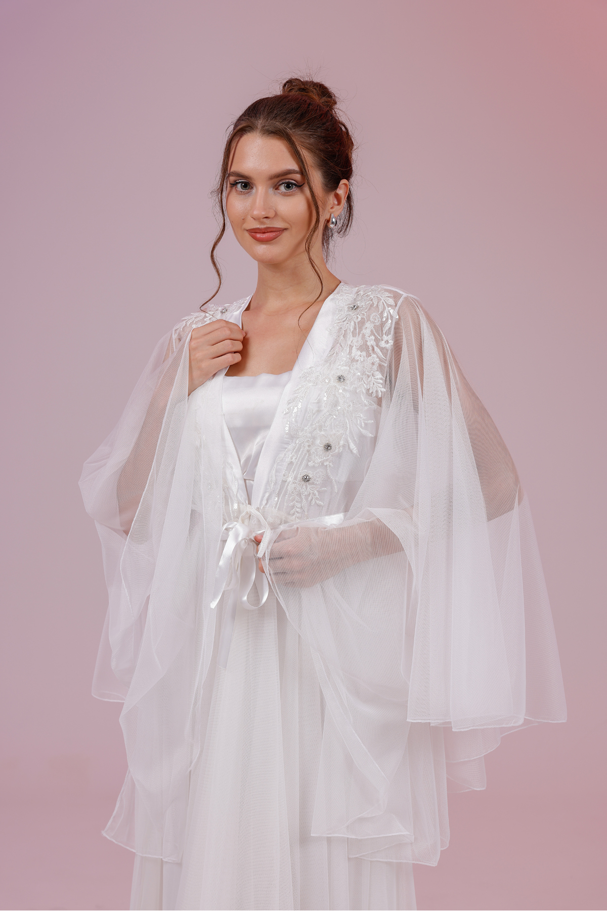 Yulem Homewear Ekru Dantelli Tüllü Taşlı Saten Gecelik-Sabahlık Takım