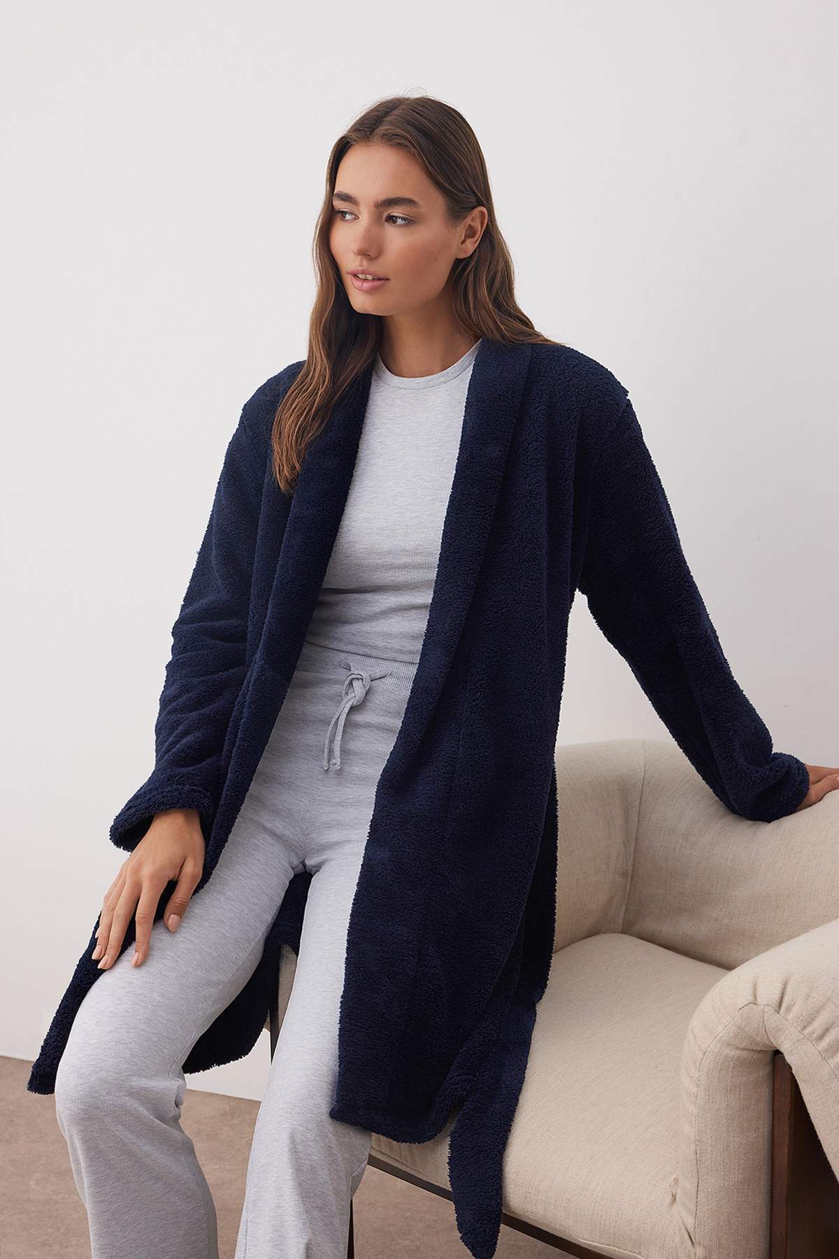 Trendyol Collection-Zimní pletený župan námořnické modré Belted Wellsoft Thmaw23Sb00000 2