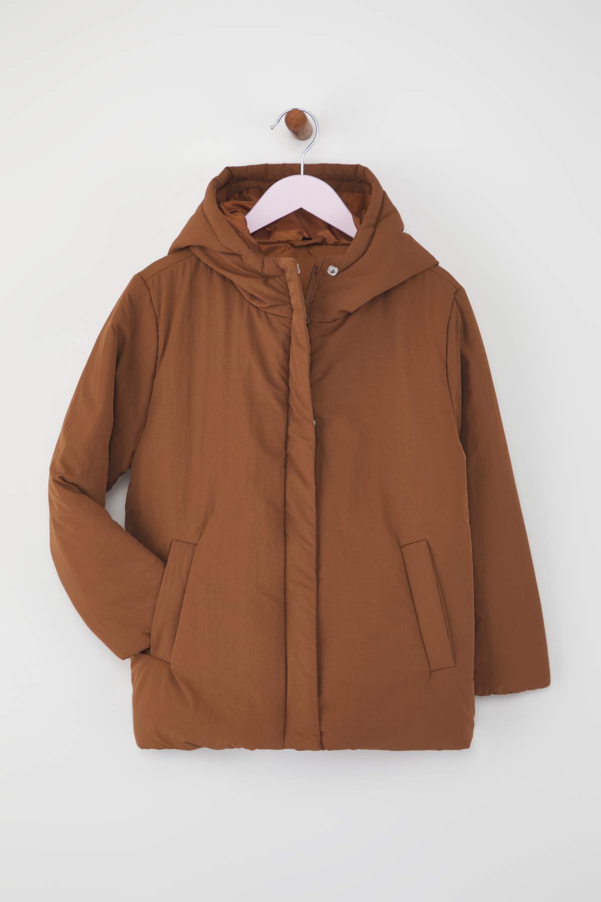 Trendyolmilla Kids Kahverengi Düz/Basic Kalın Kapüşonlu Regular Unisex Çocuk Mont TKDAW26MO00016