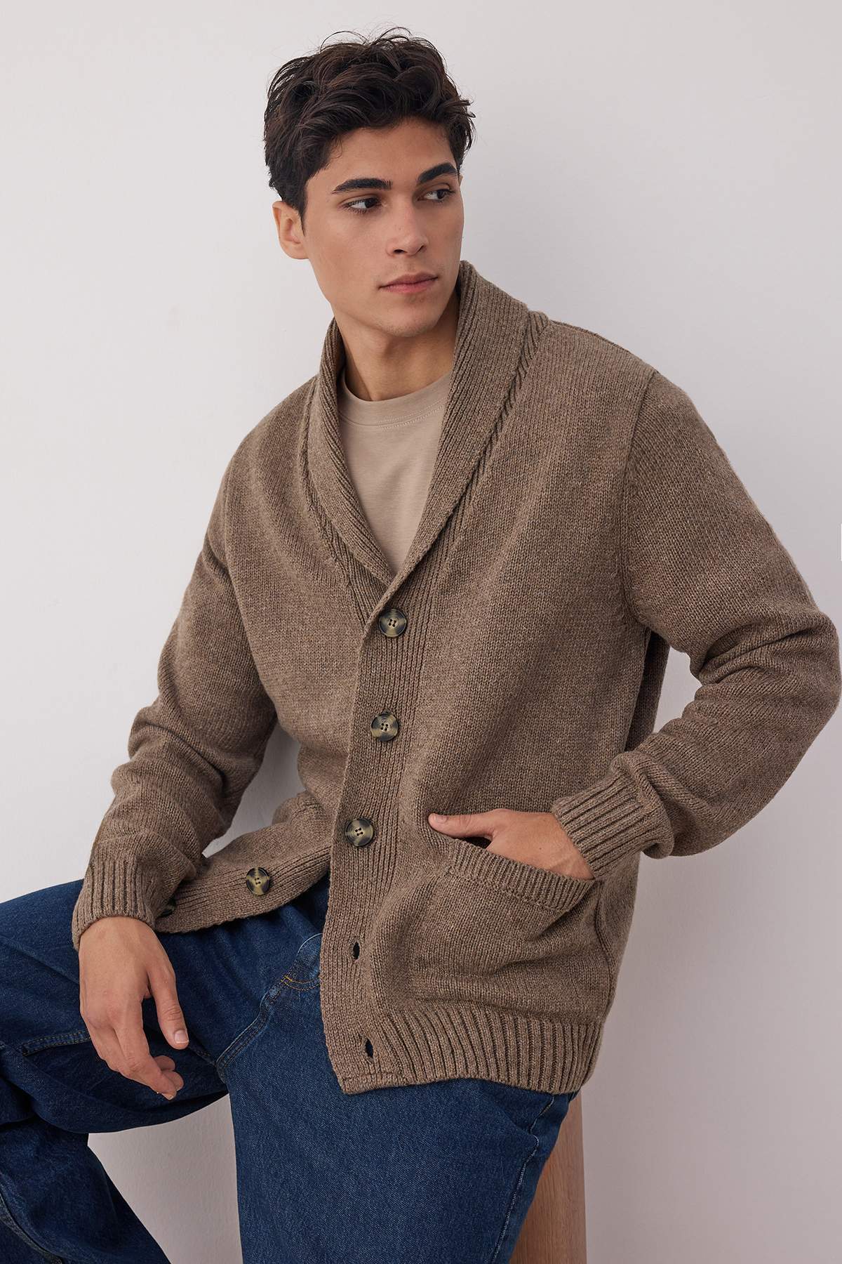 Trendyol Collection-Nerzfarbener Strick-Cardigan aus normaler Wolle mit Schalkragen TMNAW22HI0131 2