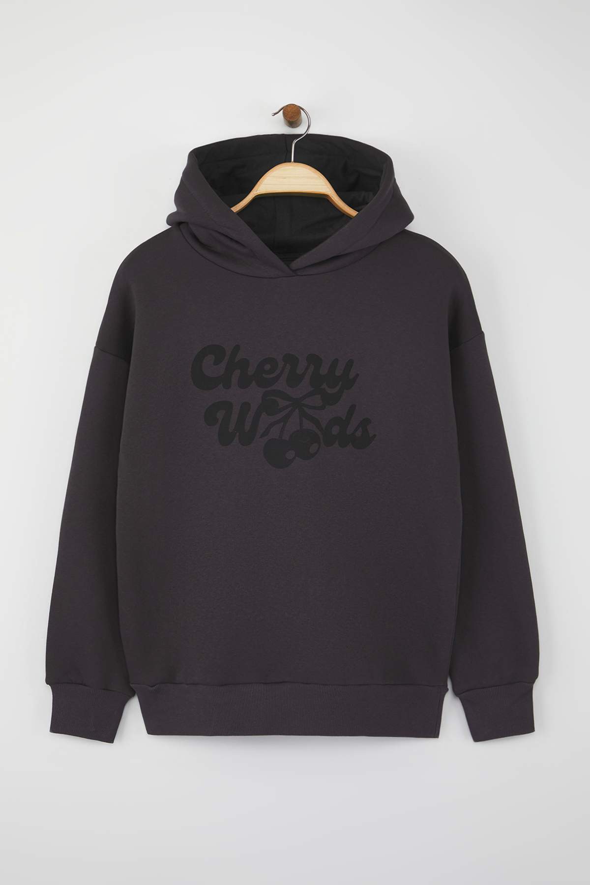 Trendyolmilla  Antrasit Oversize/Geniş Kalıp Kiraz Sırt Baskılı Kalın İçi Polarlı Örme Sweatshirt TWOAW26SW00019 - Görsel 6