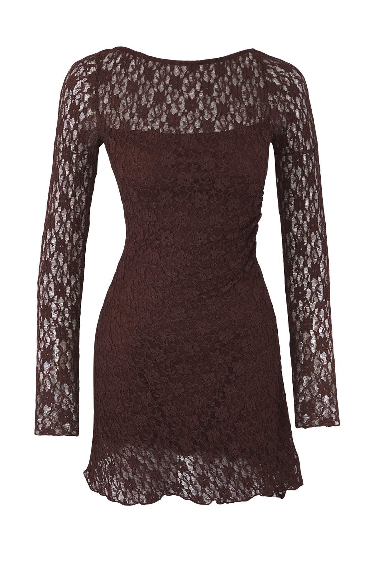 Trendyolmilla  Kahverengi Sırt Dekolteli Asimetrik Detaylı Mini/Kısa Dantel Esnek Örme Elbise TWOSS25EL00903 - Görsel 5