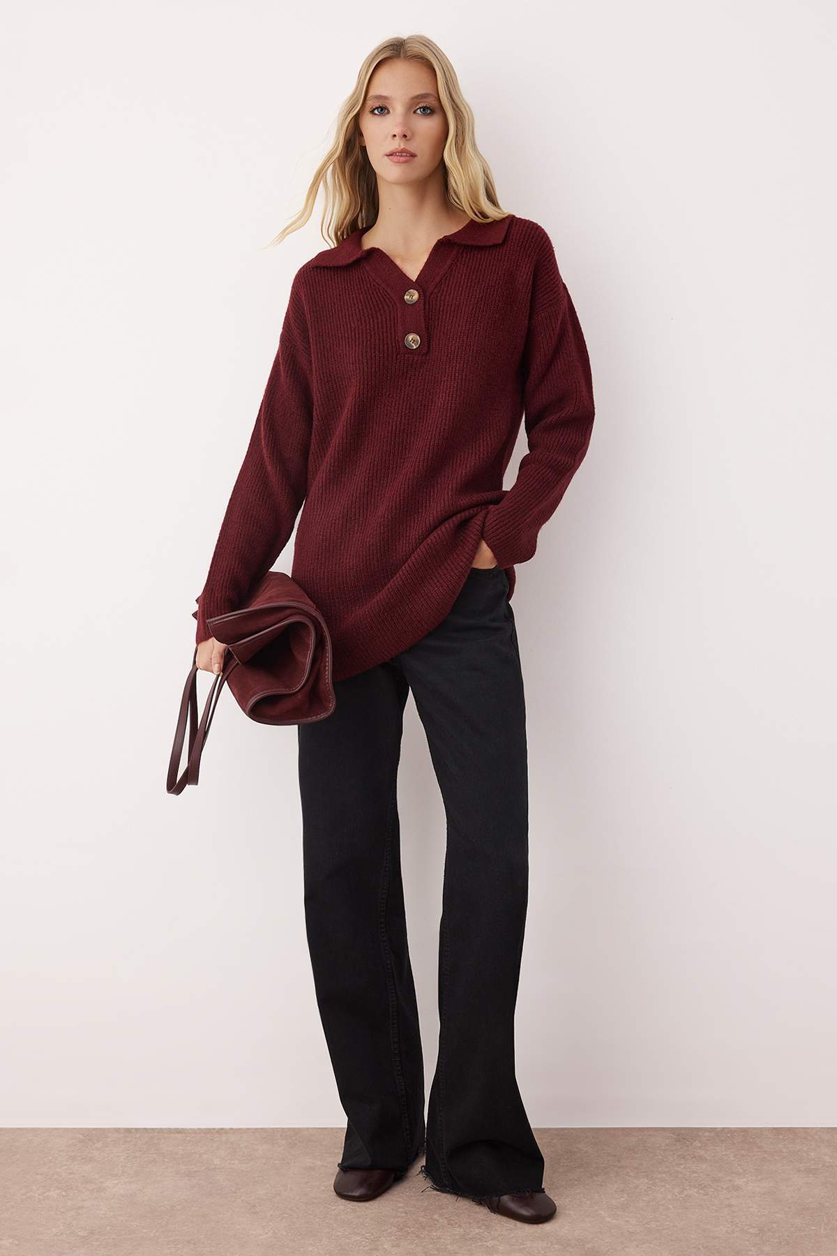 Trendyolmilla Modest Bordo Polo Yaka Selanik Triko Kazak TCTAW26AK00009