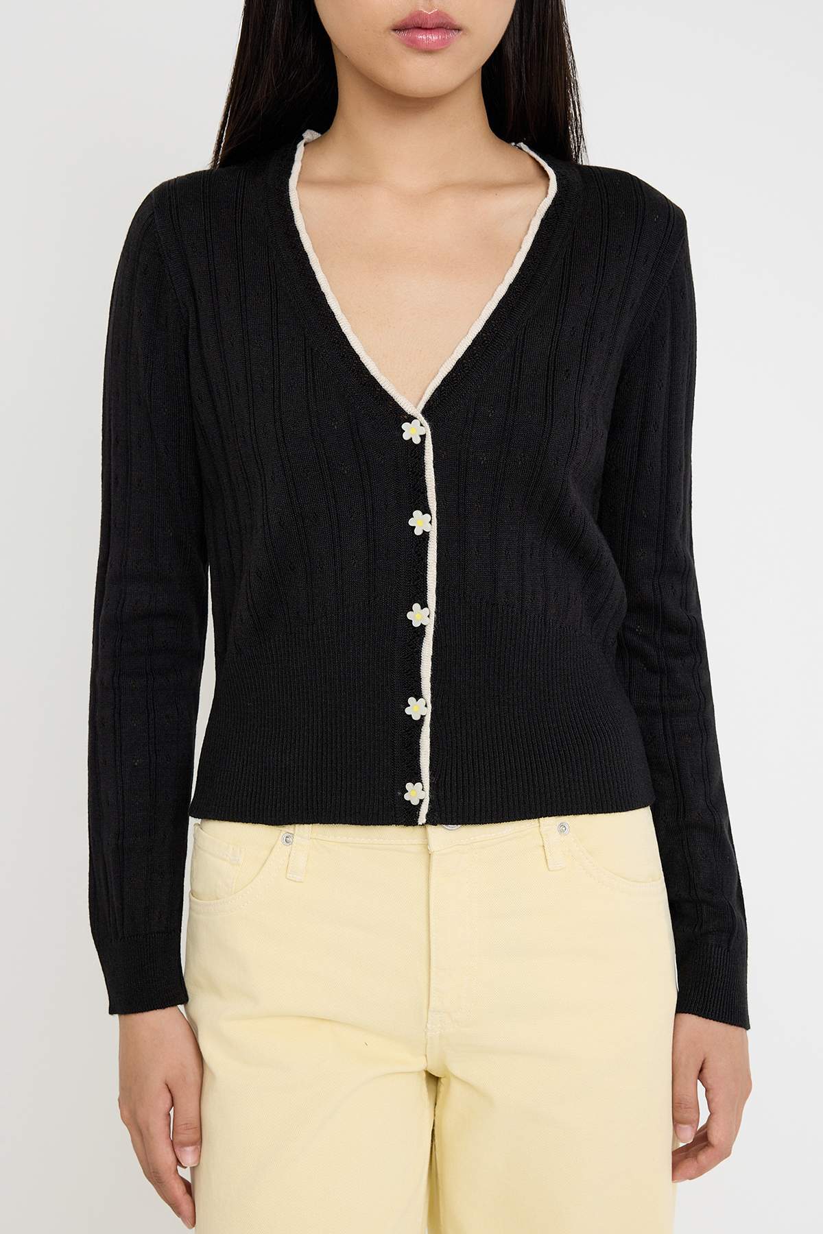 Trendyolmilla  Teen Siyah Ajurlu/Delikli Crop/Kısa Dantel Garnili Detaylı Triko Hırka TWOAW26HI00217 - Görsel 4