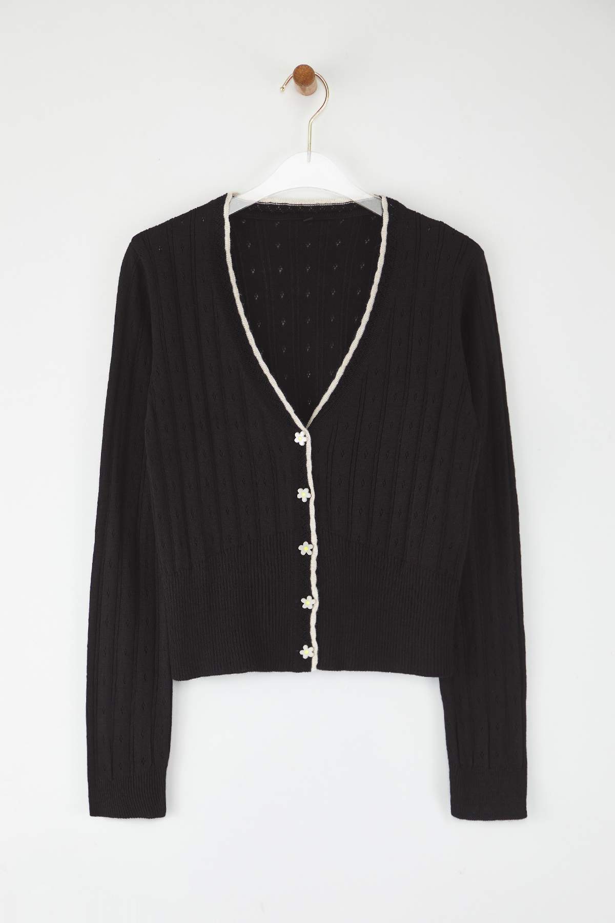 Trendyolmilla  Teen Siyah Ajurlu/Delikli Crop/Kısa Dantel Garnili Detaylı Triko Hırka TWOAW26HI00217 - Görsel 6