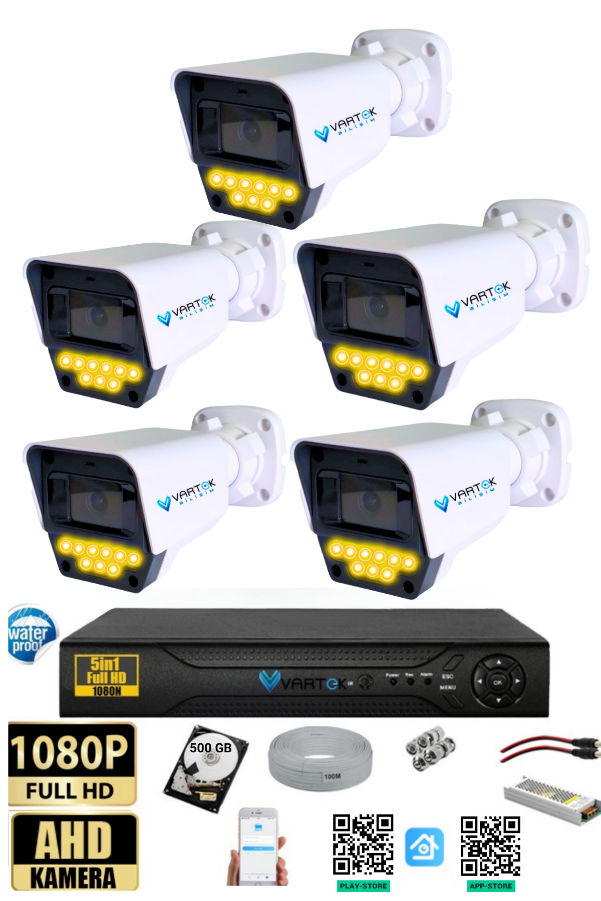 VARTEK BİLİŞİM 5 Kameralı Set - 500 GB HDD, 9 LED Gece Görüşlü Full HD Güvenlik Kamerası Sistemi