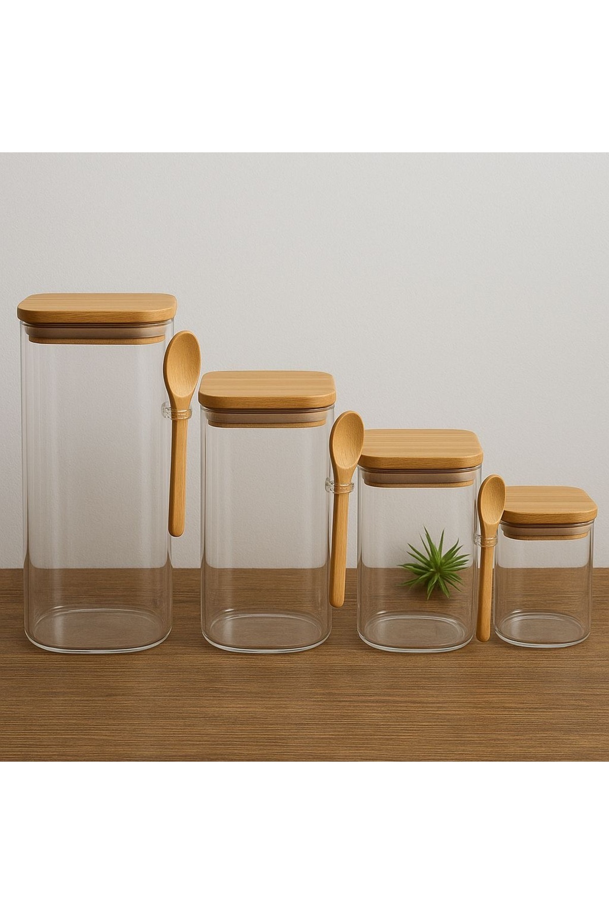 Dia-Set of 4 Borosilicate Glass Square Spice Jars with Bamboo Lids and Spoons 1