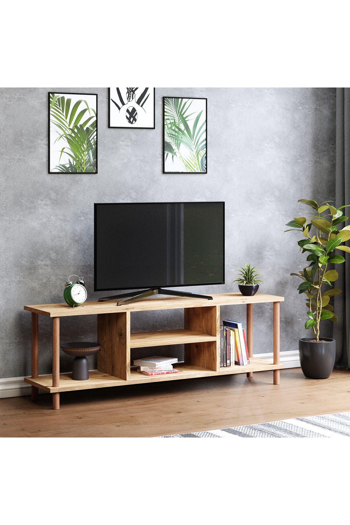 interGO-Tv Stand With Shelves Wooden Legs - Atlantic Pine Pattern 1