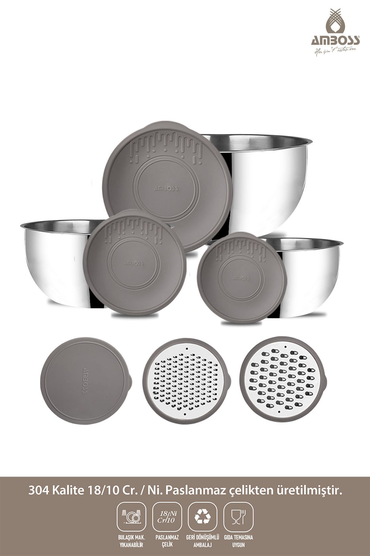 Amboss-Satin 9 Piece Stainless Steel Multi-Purpose Bowl Set with Gray Lid 3