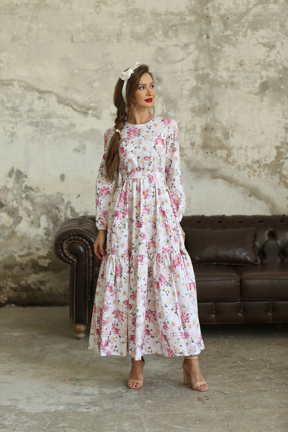 KÜÇÜĞÜM BUTİK-Rochie din popelin cu straturi cu margarete roz Hijab 5
