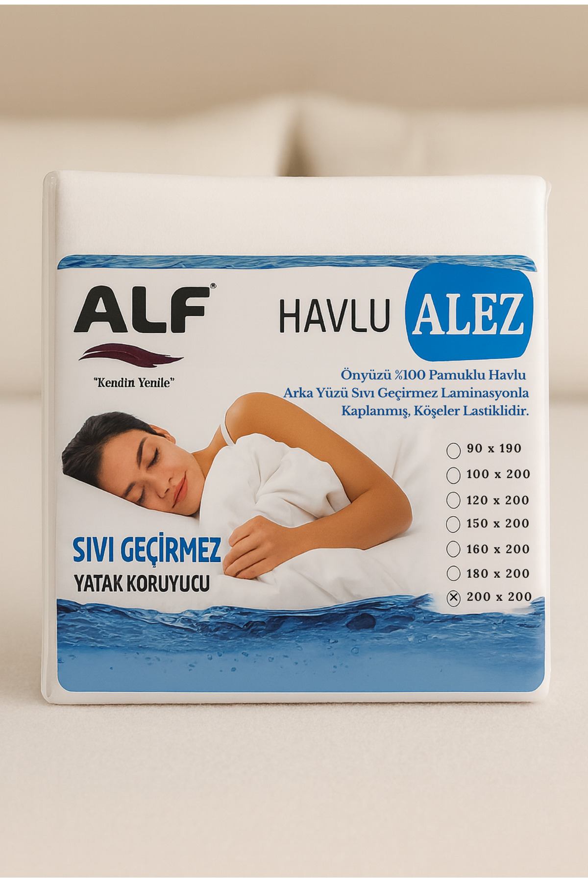 Alf Yatak Koruyucu Alez (Çift Kişilik, Önyüzü %100 Pamuklu Havlu, Arka Yüzü Sıvı Geçirmez,200x200)