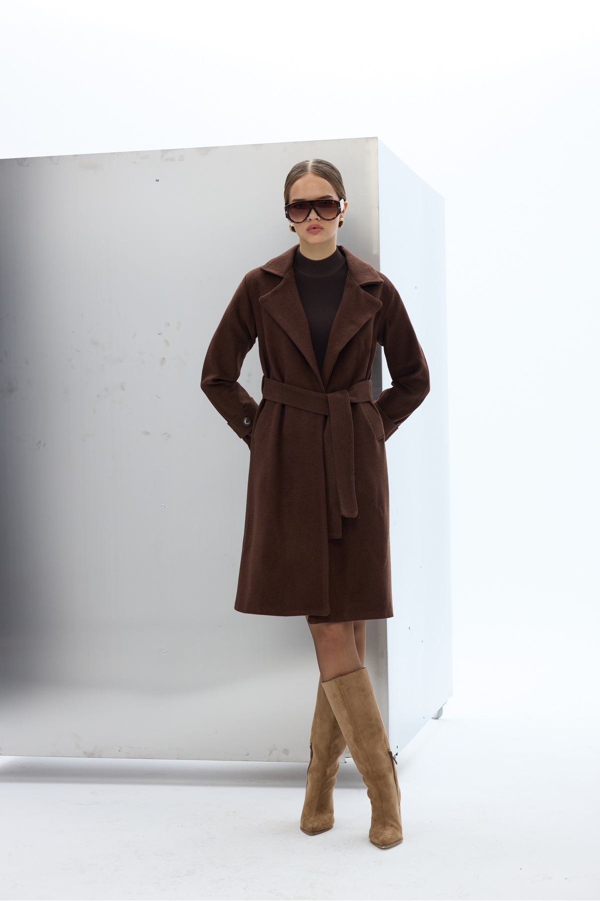 SevdeUgur  Kuşaklı Kolu Düğmeli Kahverengi Kaşe Kaban / Sevde Ugur - Görsel 6