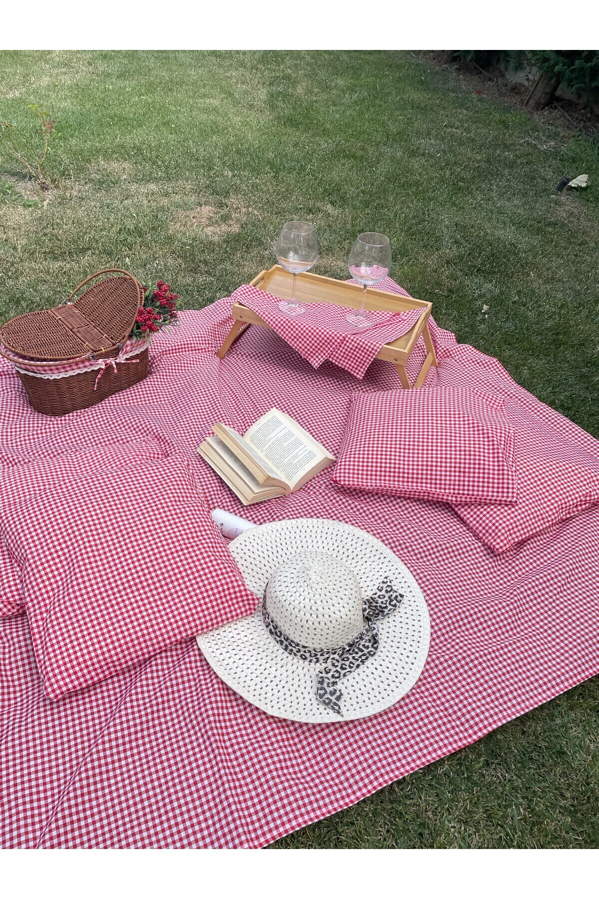 Divanest-Rattan Covered Basket and 4 Cushions Red Pitikare Picnic Set Cover (Service Table Is Not Included.) 2