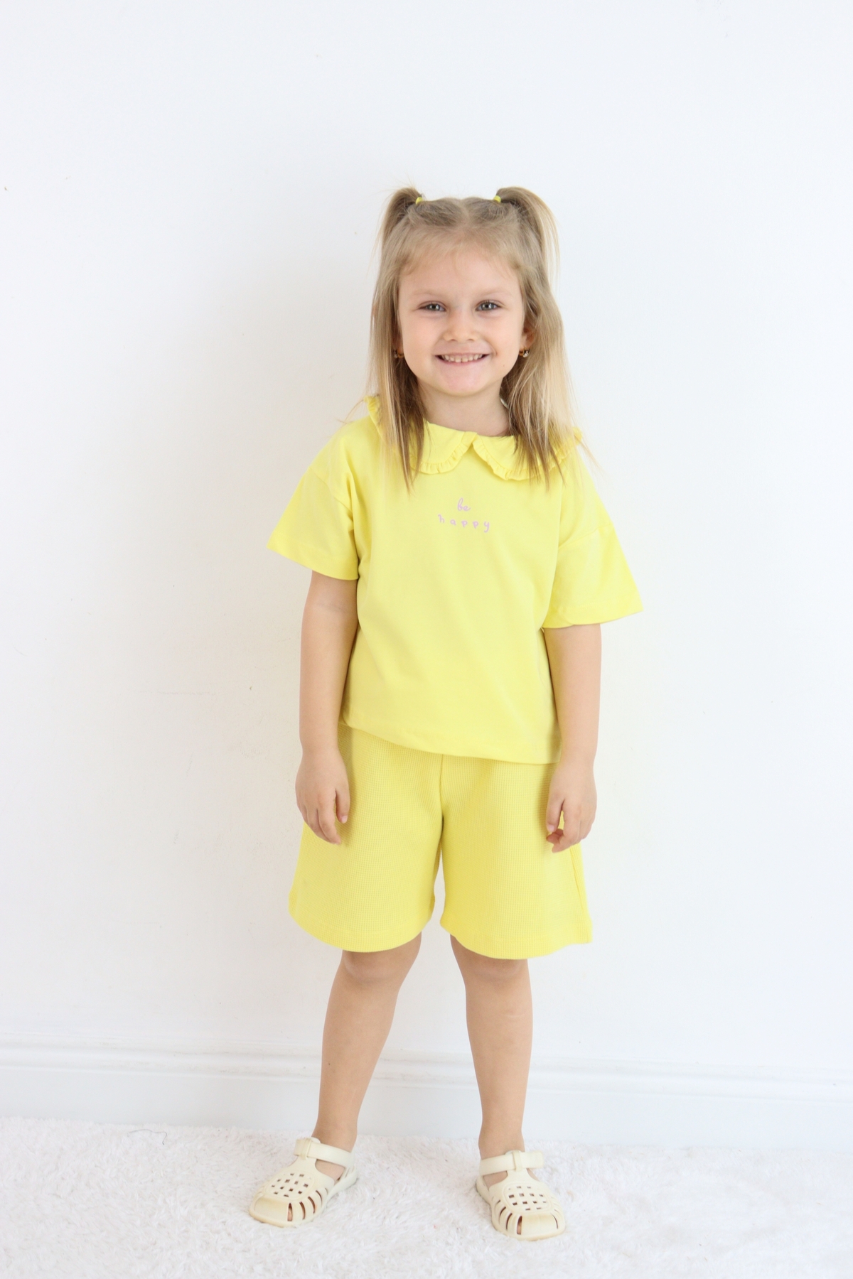HARİKA KİDS Girl's Collared Be Happy Printed Shorts Double Suit