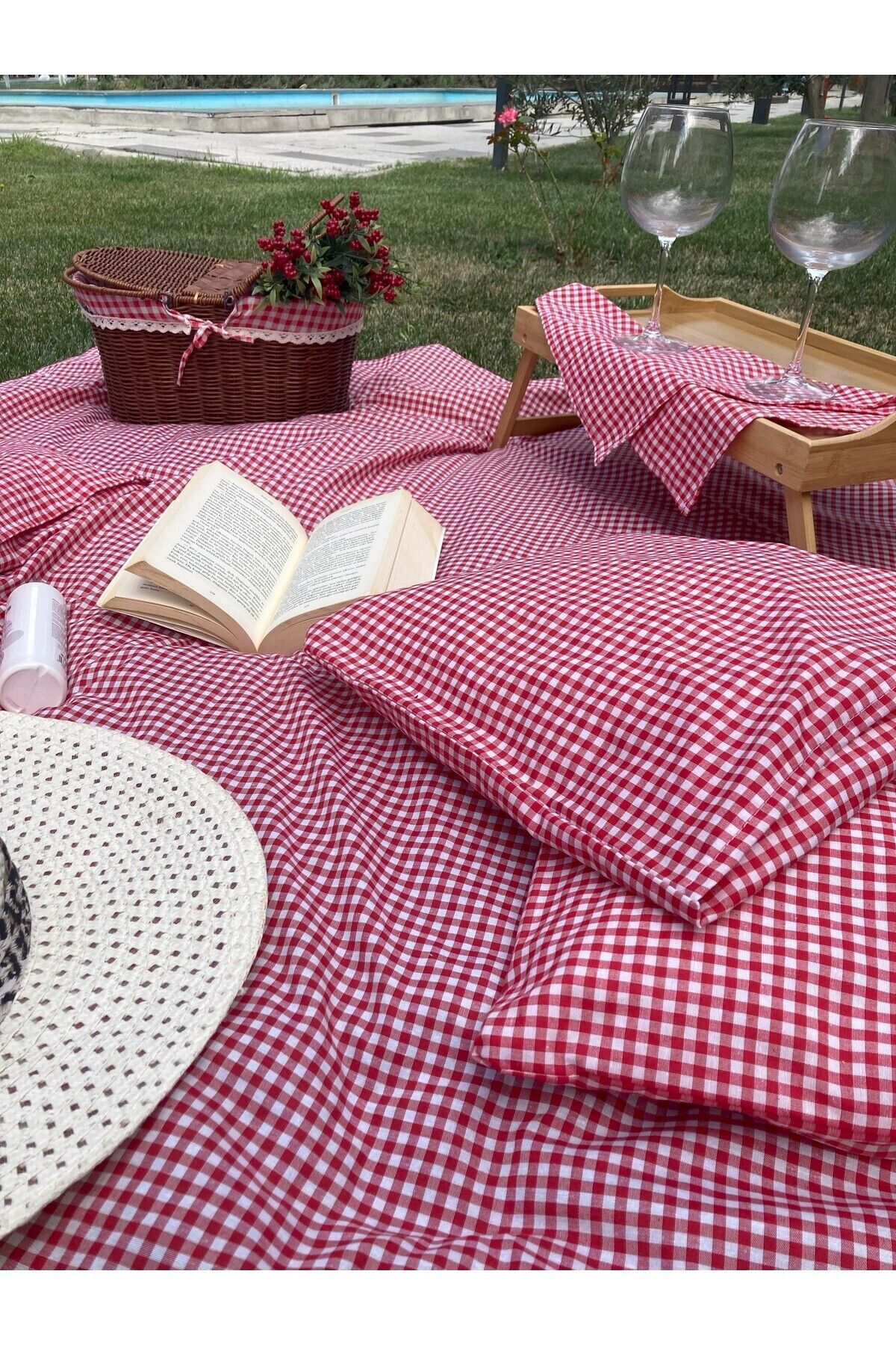 Divanest-Rattan Covered Basket and 4 Cushions Red Pitikare Picnic Set Cover (Service Table Is Not Included.) 4