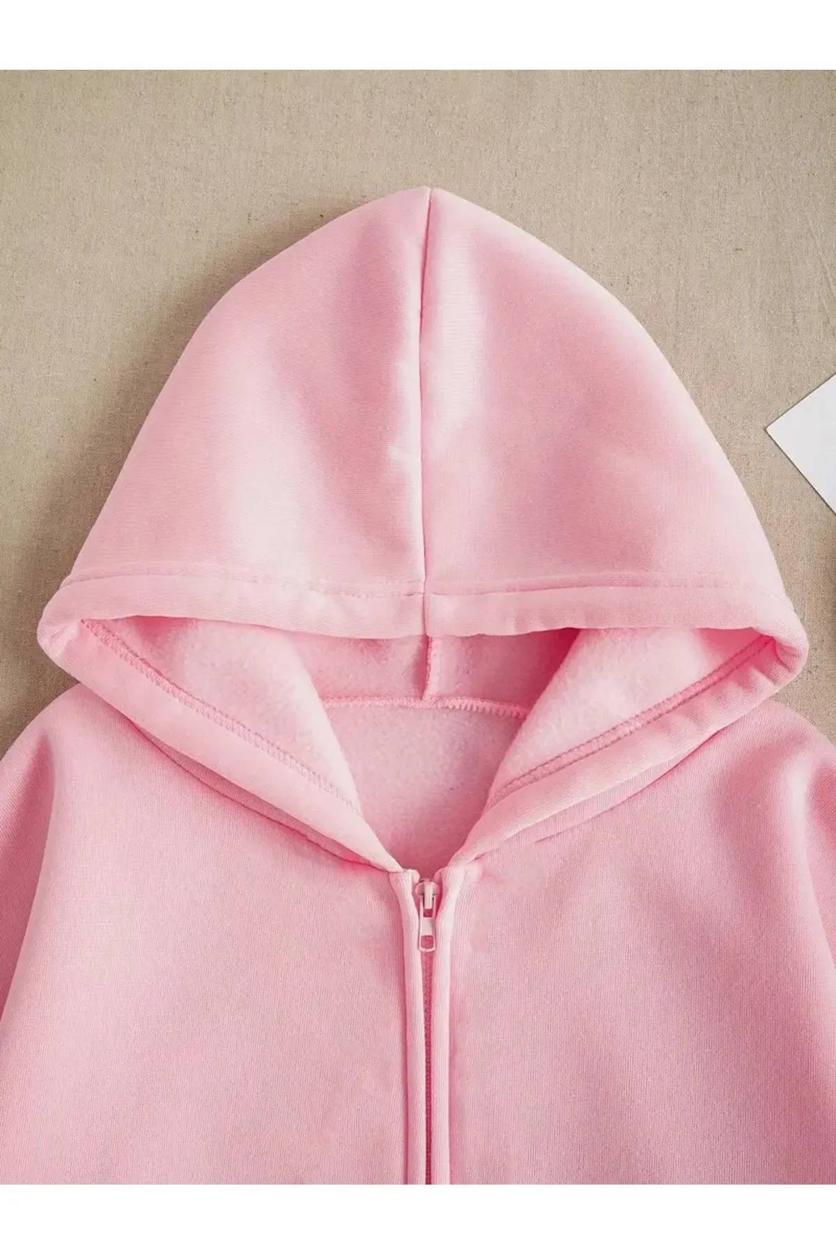 Jooy  Pembe 3 İplik Fermuarlı Kapüşonlu Hırka Ceket - Görsel 3