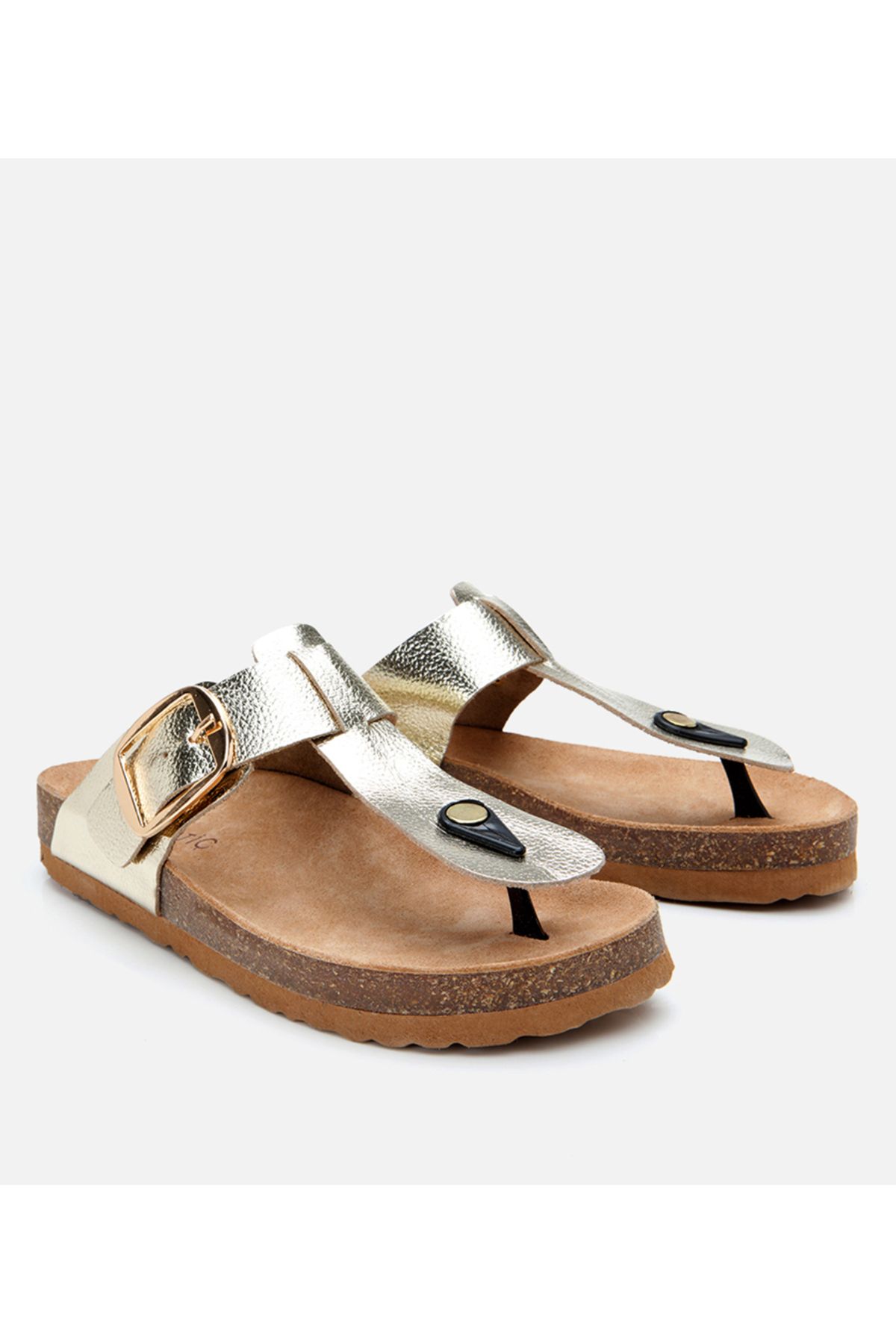 Hotiç-Women's Leather Gold Belted Flip Flops 2