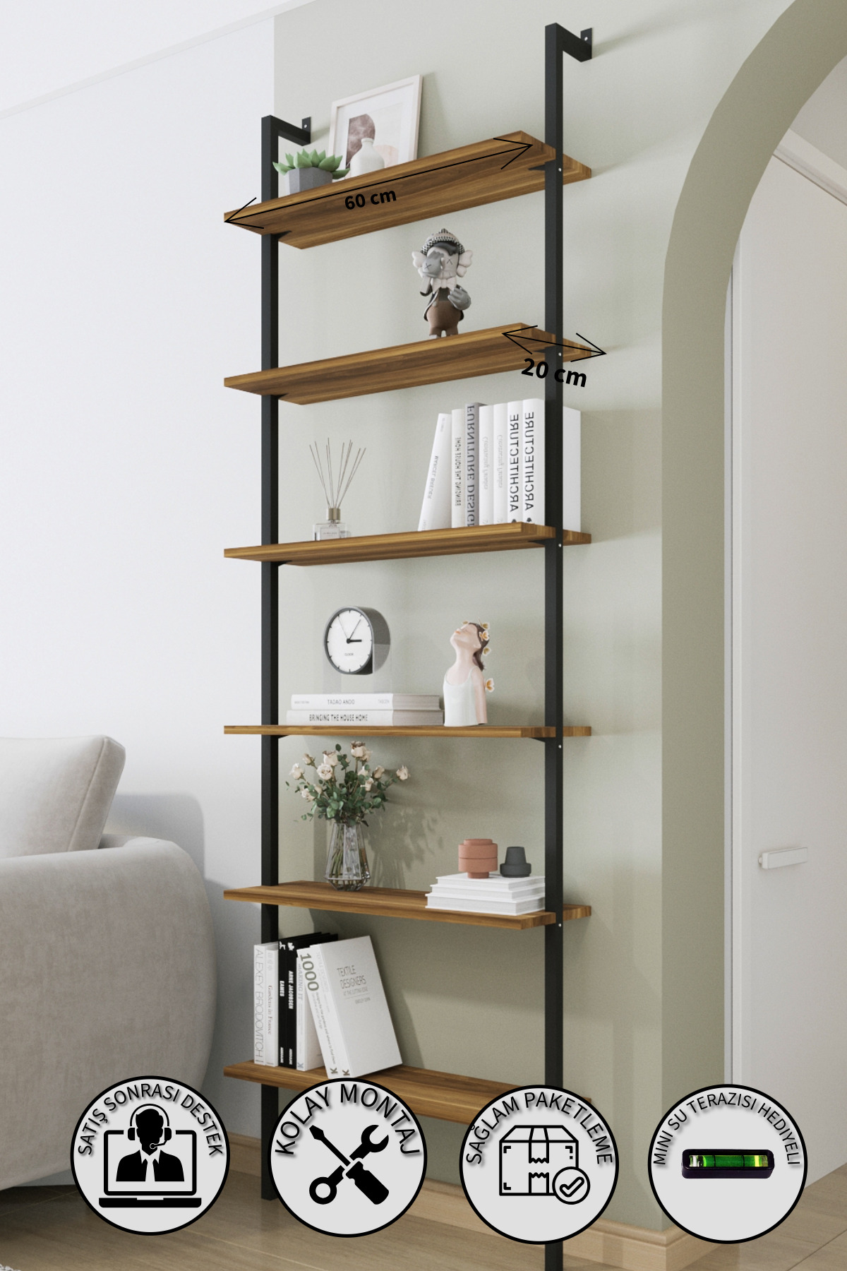 Walnut Multi-Purpose Bookshelf / Decorative Wall Shelf with 6 Shelves – Easy Installation, Robust Design