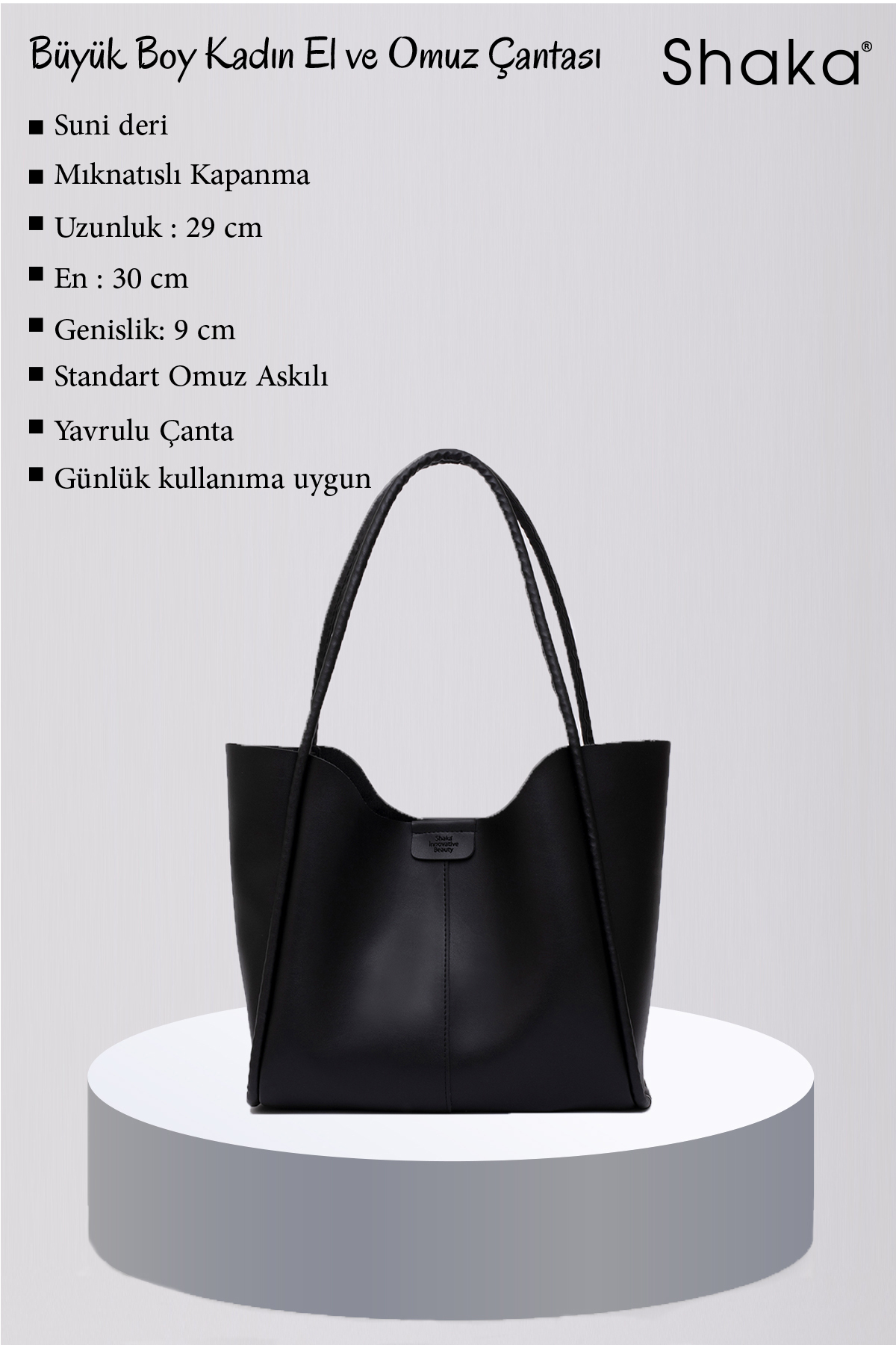 Shaka Siyah Shk76 Çıtçıtlı Fitil Askılı Suni Deri Makyaj Çantalı Büyük Boy Kadın El ve Omuz Çantası fotoğrafı 4 (önizleme)