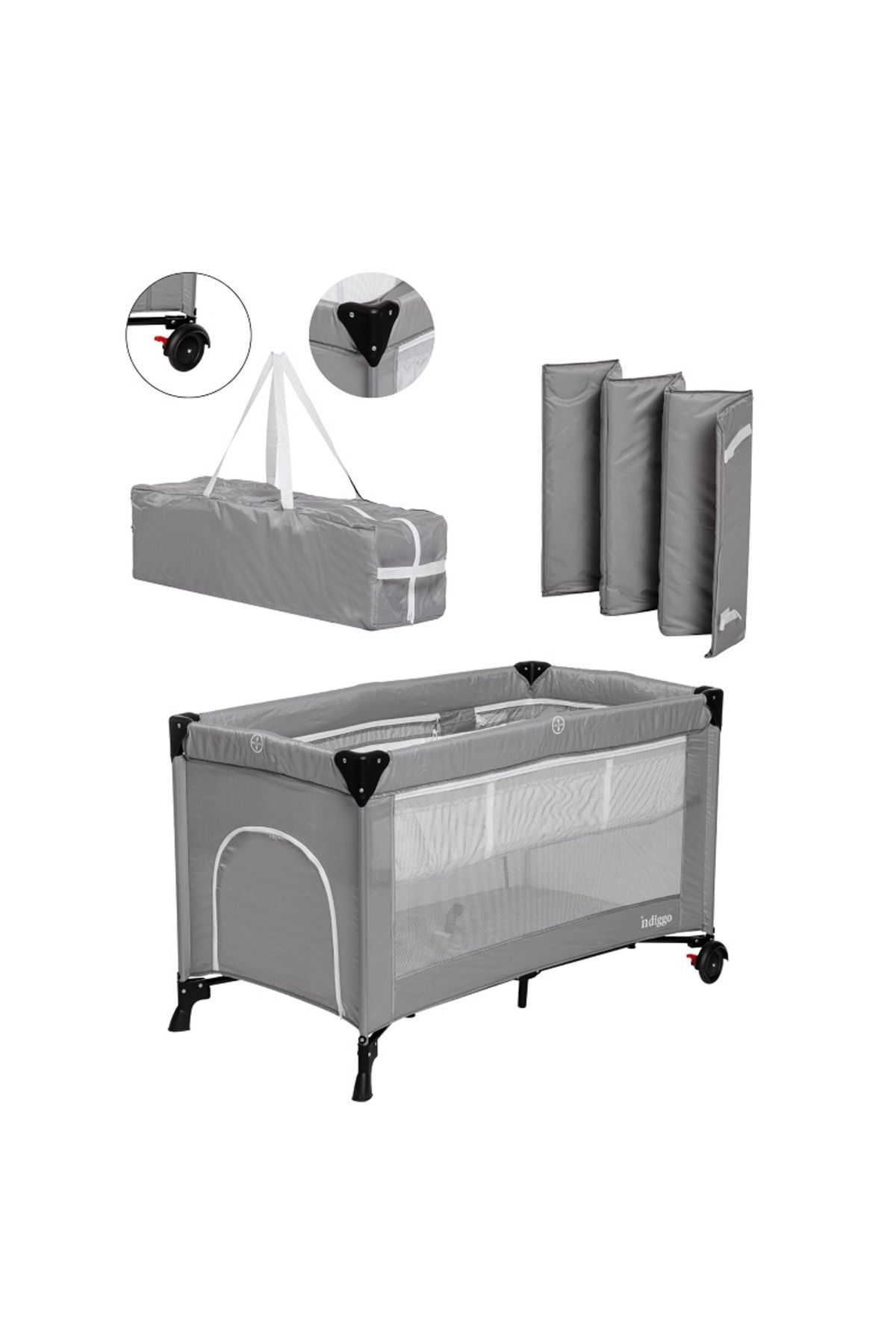 indiggo-KiddoTrip NEXT 3-in-1 folding crib and playpen with removable mattress, extra floor and wheels 1