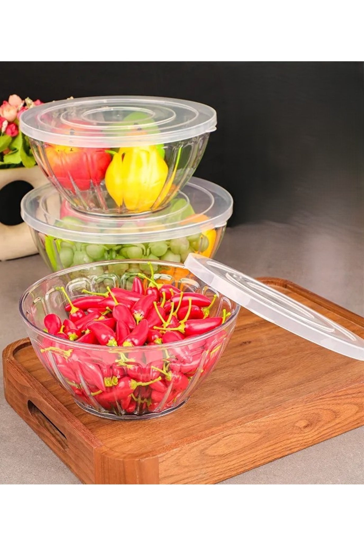ELEGANT HOME-Set of 4 clear bowls with lids for mixing, fermenting dough, and storing food 1/1.5/2.5/3.5 liters 7