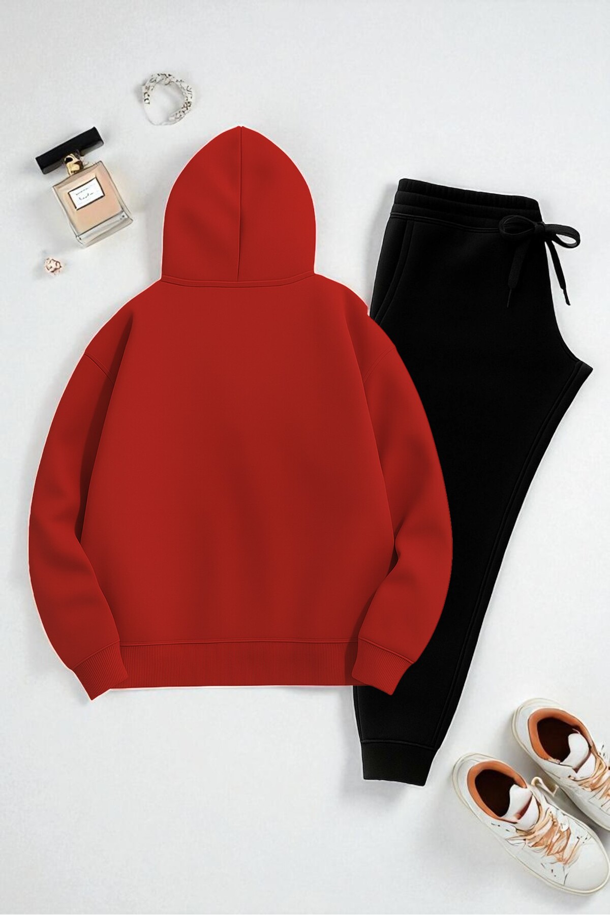 Unisex Be Happy Baskılı Oversize Sweatshirt Takım — قرمز KP-BEHAPPY — تصویر 2 از 3