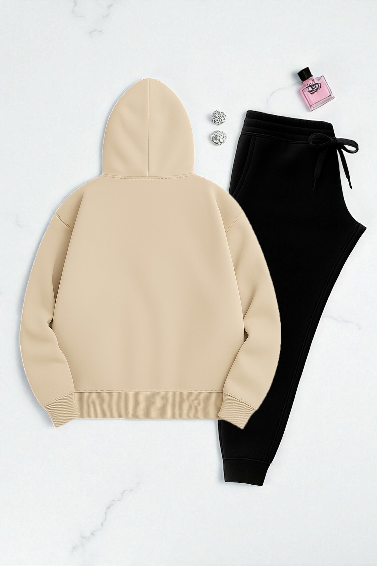 Unisex Be Happy Baskılı Oversize Sweatshirt Takım — بژ KP-BEHAPPY — تصویر 2 از 3