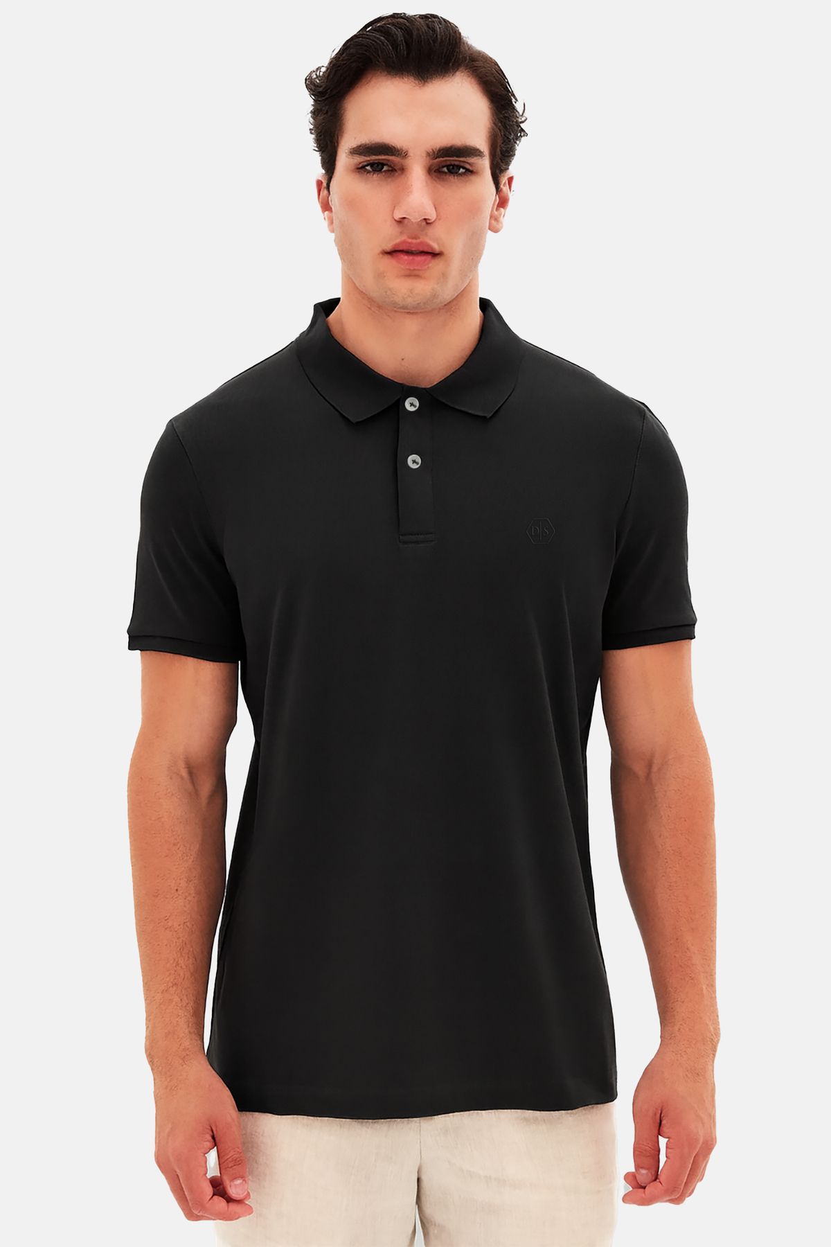D'S Damat-Normale Passform, schwarzes Piqué-T-Shirt aus 100 % Baumwolle mit unlackiertem Polokragen und Stickerei 1