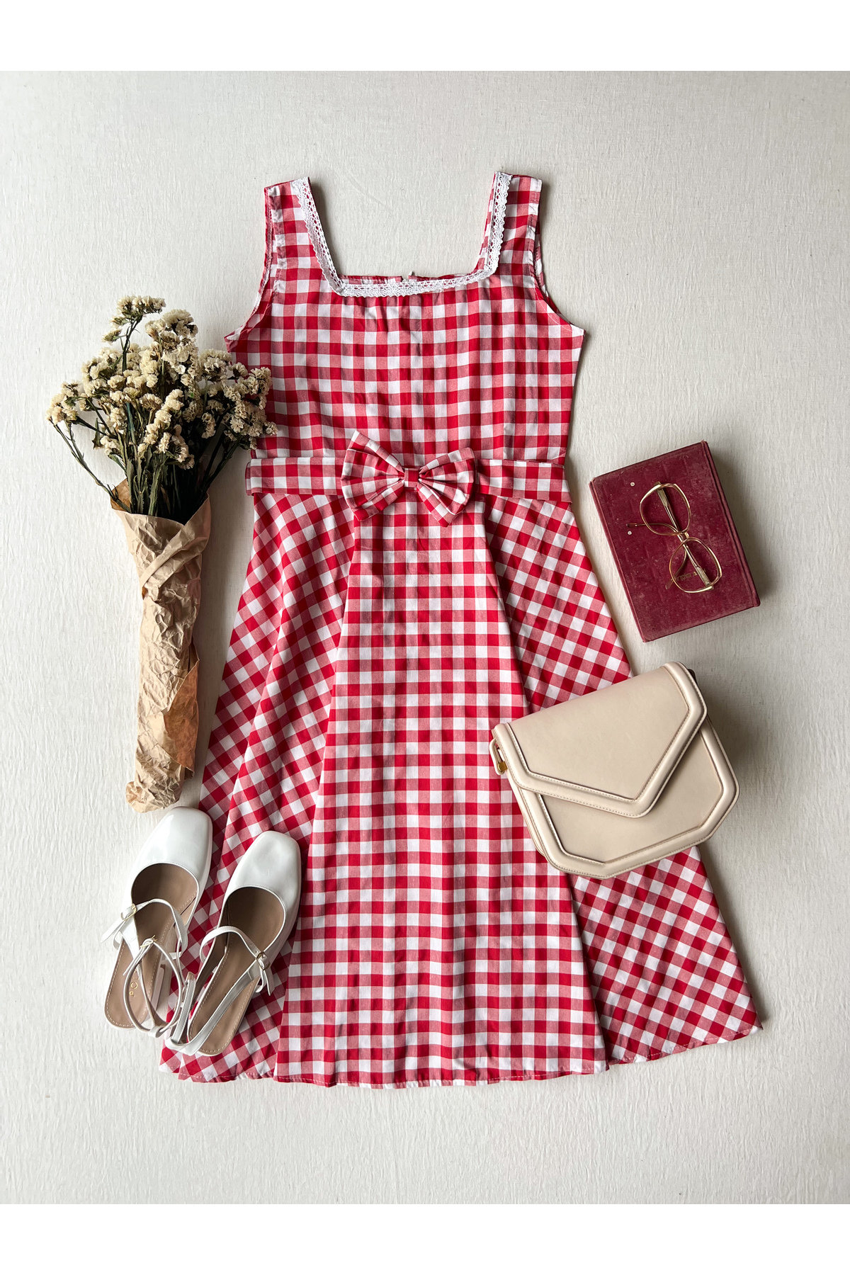 KÜÇÜĞÜM BUTİK  Kırmızı Pötikare Desen Kare Yaka Askılı Kloş Elbise - Görsel 4